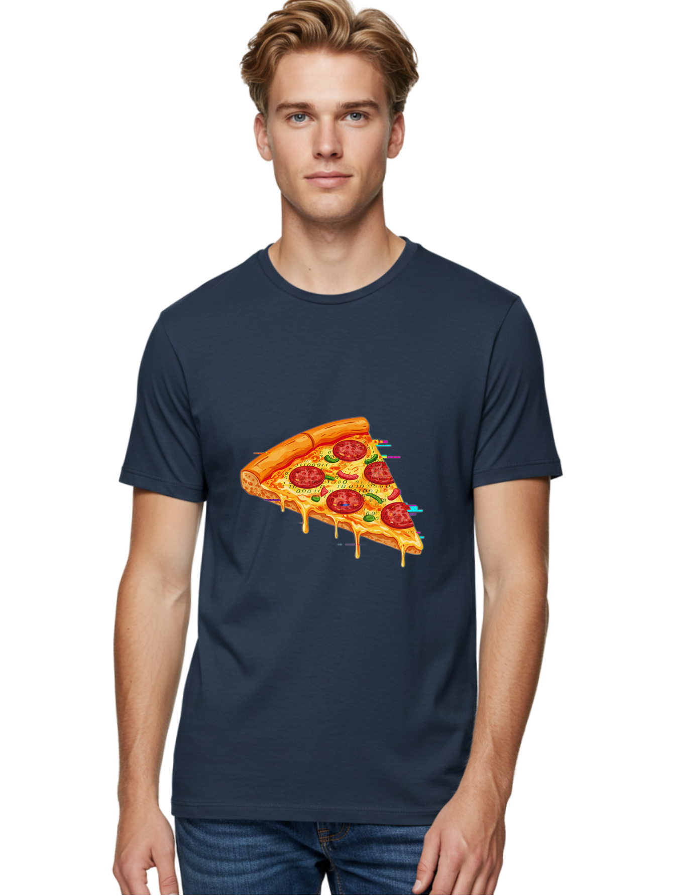 Pepperoni-Pizza-Slice-23 Men'S Graphic Tee, 100% Cotton, Comfortable Casual Summer Wear, Machine Washable, Pepperoni Pizza, Cheese Pizza, Pizza Slice, Melted Cheese, Pepperoni Toppings, Glitch Art, Distorted Image, Digital Art, Modern Design, Bac234