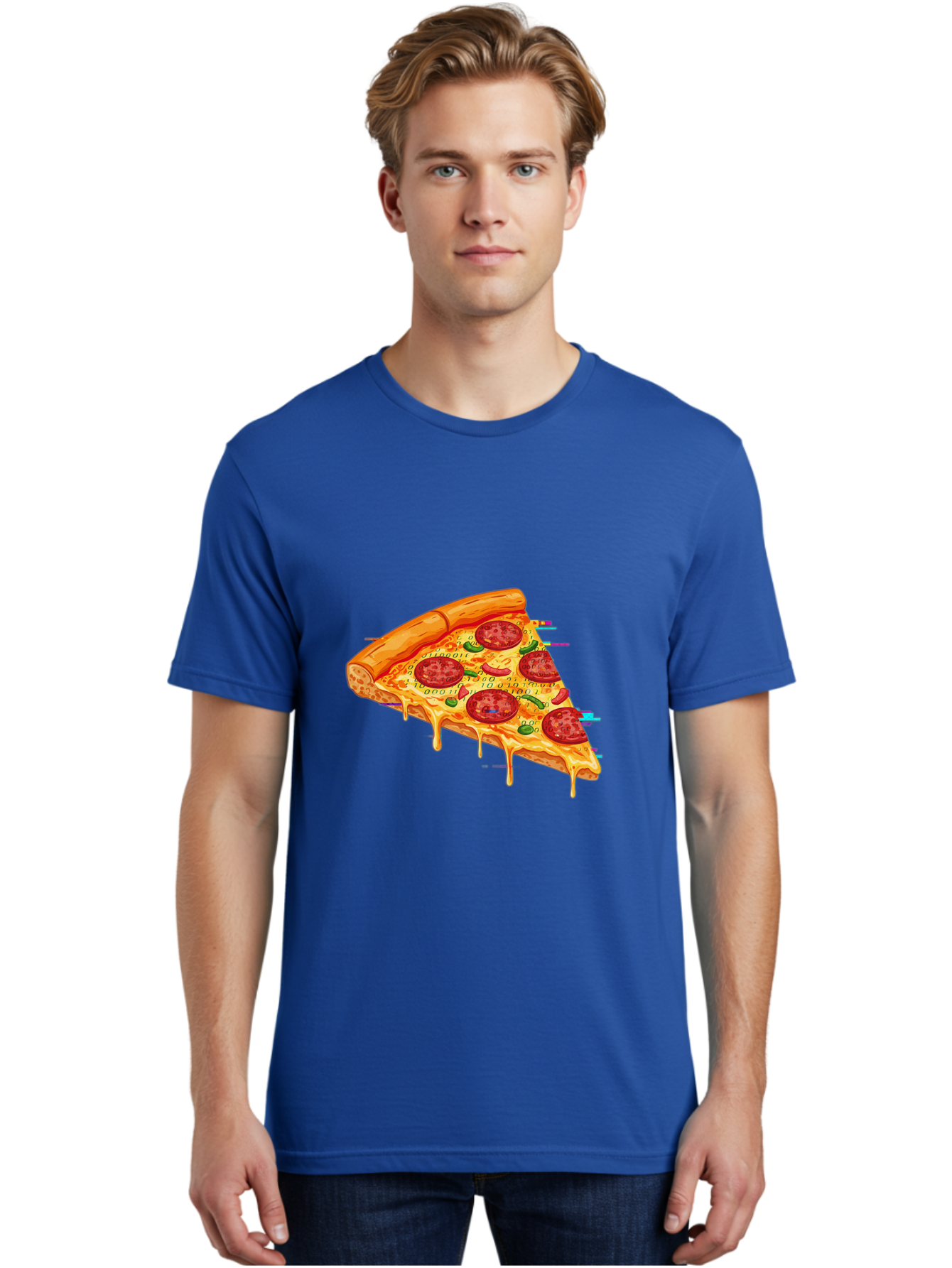 Pepperoni-Pizza-Slice-23 Men'S Graphic Tee, 100% Cotton, Comfortable Casual Summer Wear, Machine Washable, Pepperoni Pizza, Cheese Pizza, Pizza Slice, Melted Cheese, Pepperoni Toppings, Glitch Art, Distorted Image, Digital Art, Modern Design, Bac234