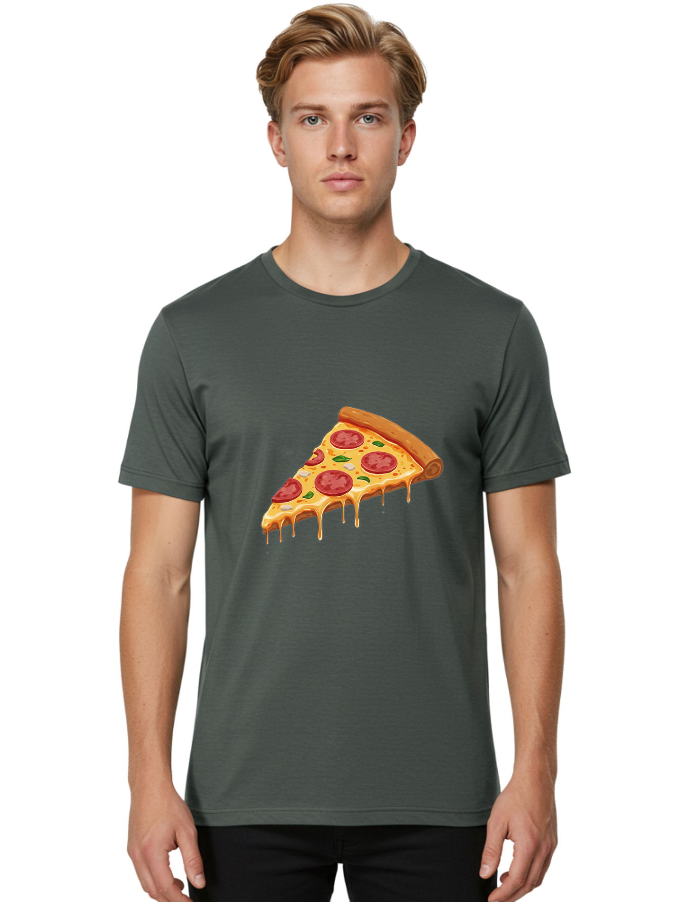 Pepperoni-Pizza-Slice-4 Men'S Graphic Tee, 100% Cotton, Comfortable Casual Summer Wear, Machine Washable, Pepperoni Pizza, Pizza Slice, Melted Cheese, Pepperoni, Basil Leaves, Gooey Cheese, Pizza Toppings, Italian Food, Cheesy Goodness Bac236