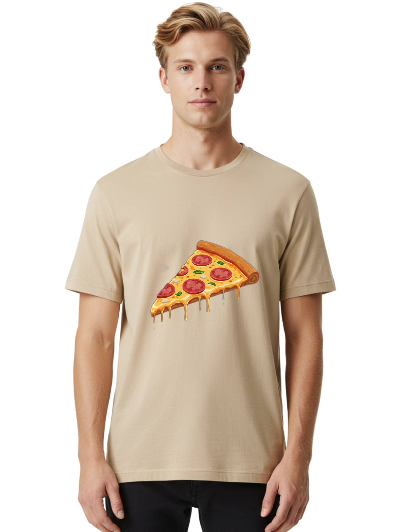 Pepperoni-Pizza-Slice-4 Men'S Graphic Tee, 100% Cotton, Comfortable Casual Summer Wear, Machine Washable, Pepperoni Pizza, Pizza Slice, Melted Cheese, Pepperoni, Basil Leaves, Gooey Cheese, Pizza Toppings, Italian Food, Cheesy Goodness Bac236