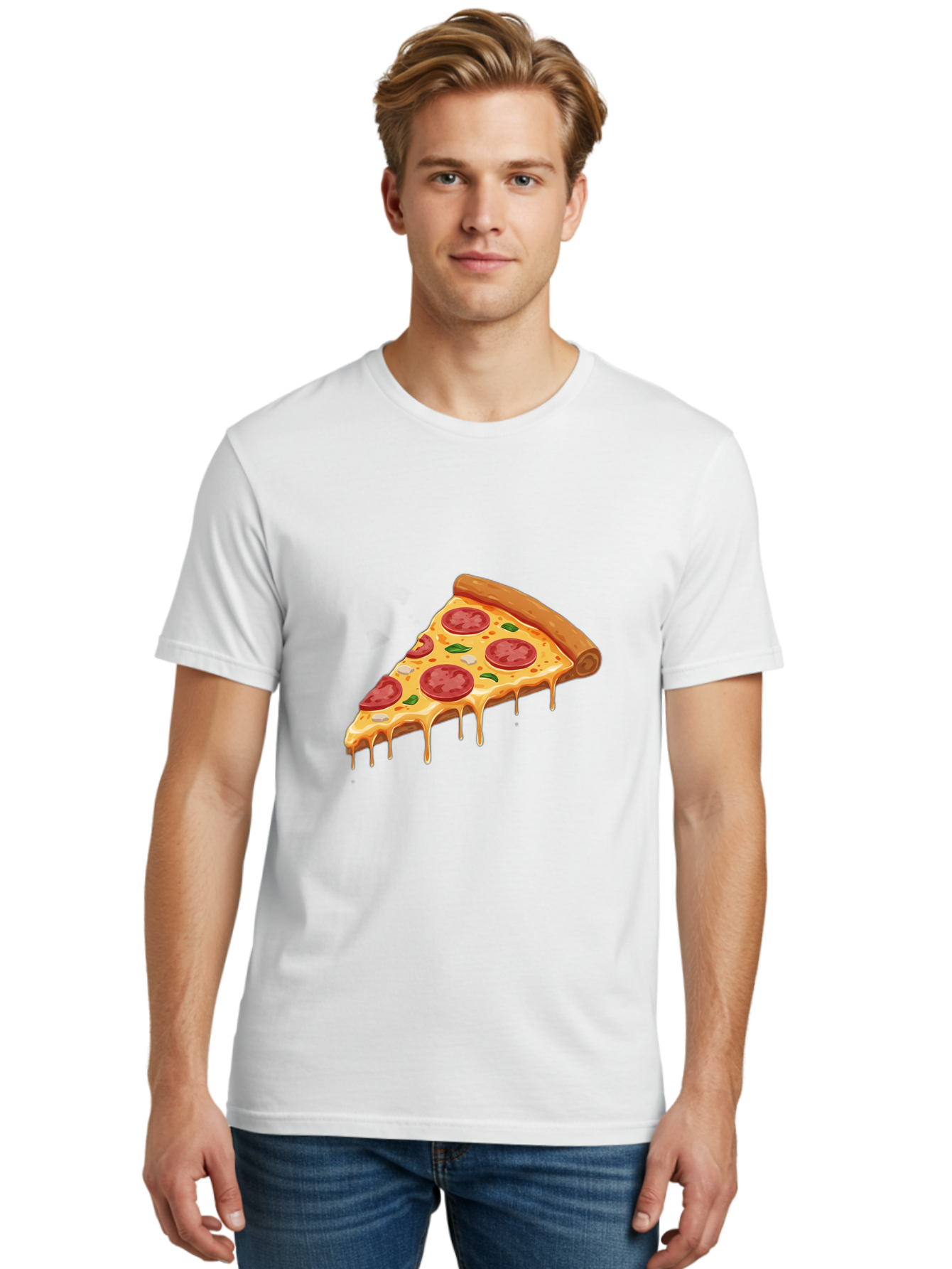 Pepperoni-Pizza-Slice-4 Men'S Graphic Tee, 100% Cotton, Comfortable Casual Summer Wear, Machine Washable, Pepperoni Pizza, Pizza Slice, Melted Cheese, Pepperoni, Basil Leaves, Gooey Cheese, Pizza Toppings, Italian Food, Cheesy Goodness Bac236
