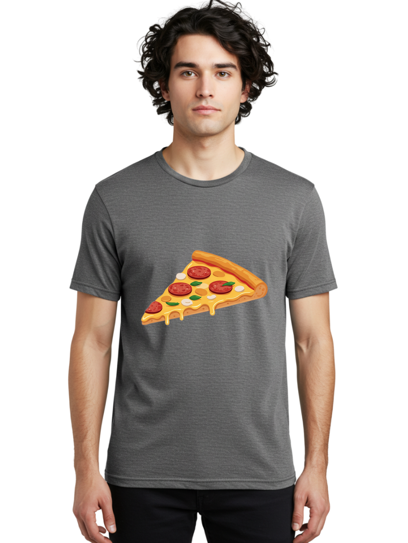 Pepperoni-Pizza-Slice-5 Men'S Graphic Tee, 100% Cotton, Comfortable Casual Summer Wear, Machine Washable, Pepperoni Pizza, Pizza Slice, Melted Cheese, Pepperoni, Basil, Garlic, Italian Food, Cheesy Goodness, Tasty Pizza, Food Illustration Bac237