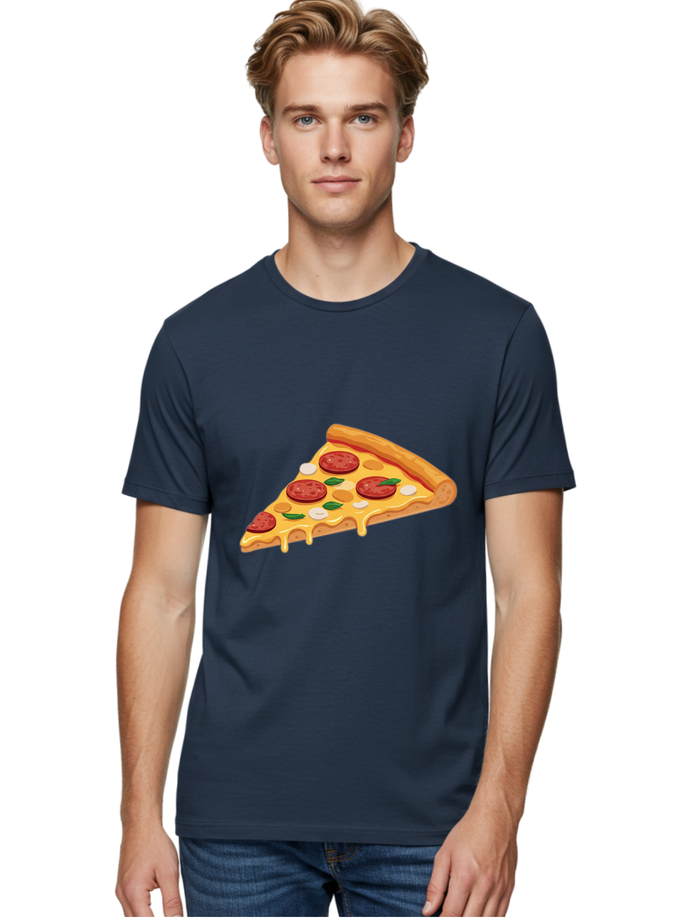 Pepperoni-Pizza-Slice-5 Men'S Graphic Tee, 100% Cotton, Comfortable Casual Summer Wear, Machine Washable, Pepperoni Pizza, Pizza Slice, Melted Cheese, Pepperoni, Basil, Garlic, Italian Food, Cheesy Goodness, Tasty Pizza, Food Illustration Bac237
