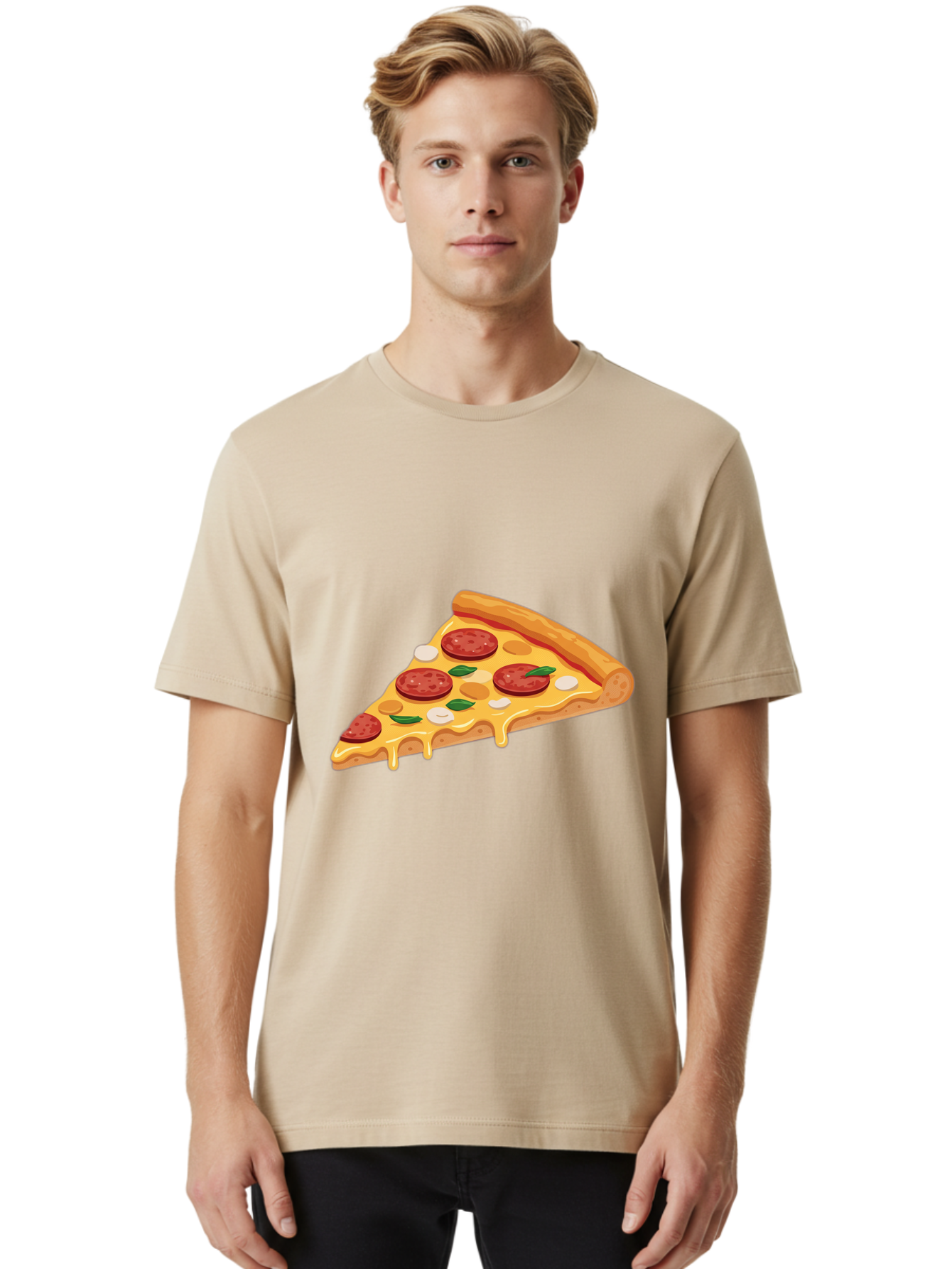 Pepperoni-Pizza-Slice-5 Men'S Graphic Tee, 100% Cotton, Comfortable Casual Summer Wear, Machine Washable, Pepperoni Pizza, Pizza Slice, Melted Cheese, Pepperoni, Basil, Garlic, Italian Food, Cheesy Goodness, Tasty Pizza, Food Illustration Bac237