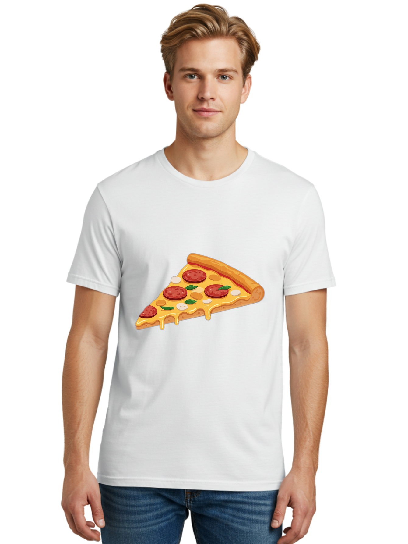 Pepperoni-Pizza-Slice-5 Men'S Graphic Tee, 100% Cotton, Comfortable Casual Summer Wear, Machine Washable, Pepperoni Pizza, Pizza Slice, Melted Cheese, Pepperoni, Basil, Garlic, Italian Food, Cheesy Goodness, Tasty Pizza, Food Illustration Bac237
