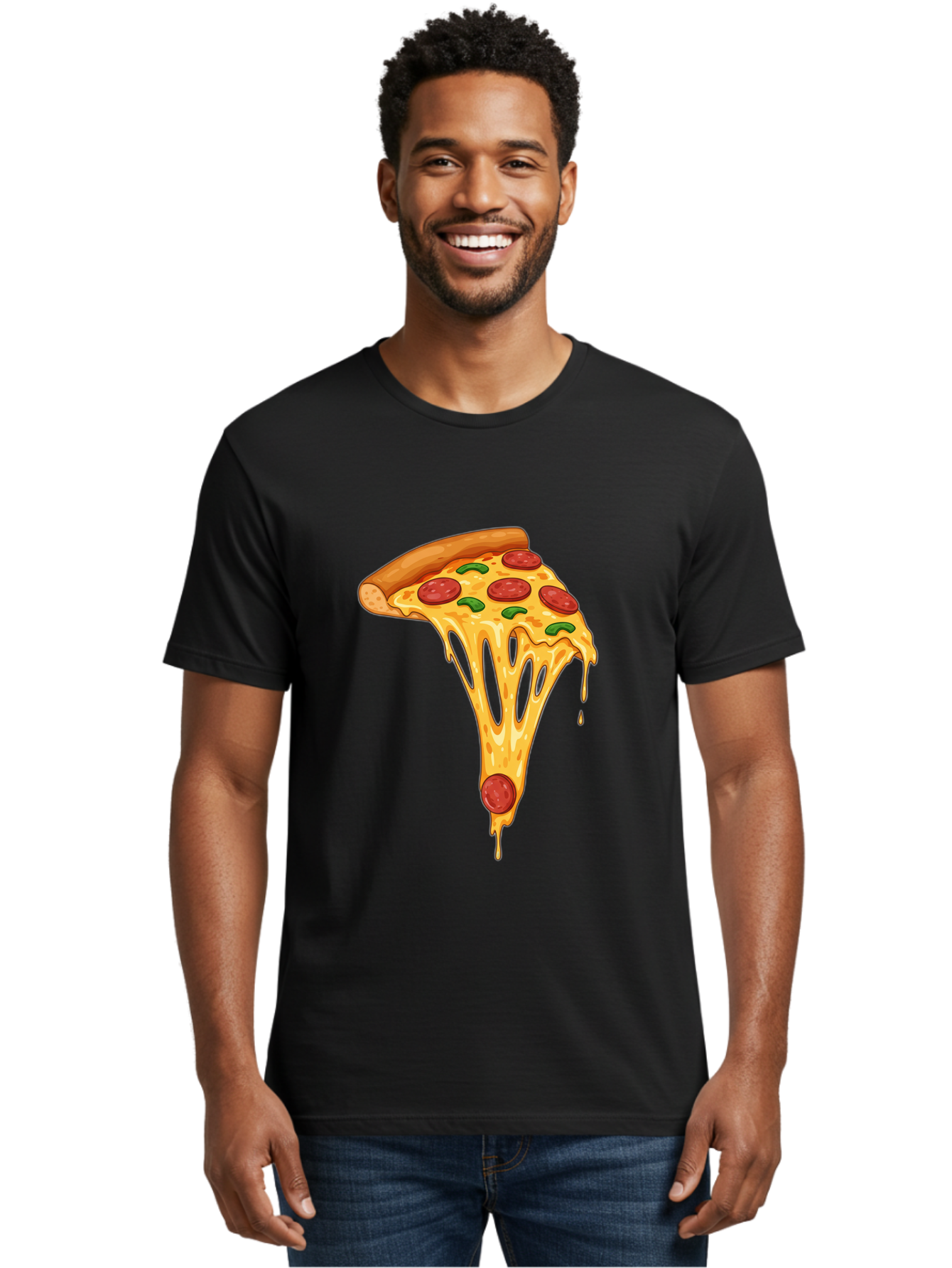 Pepperoni-Pizza-Slice-6 Men'S Graphic Tee, 100% Cotton, Comfortable Casual Summer Wear, Machine Washable, Pepperoni Pizza, Cheesy Goodness, Melted Cheese, Green Peppers, Savory Delight, Italian Cuisine, Foodie Favorite, Pizza Love, Bac238