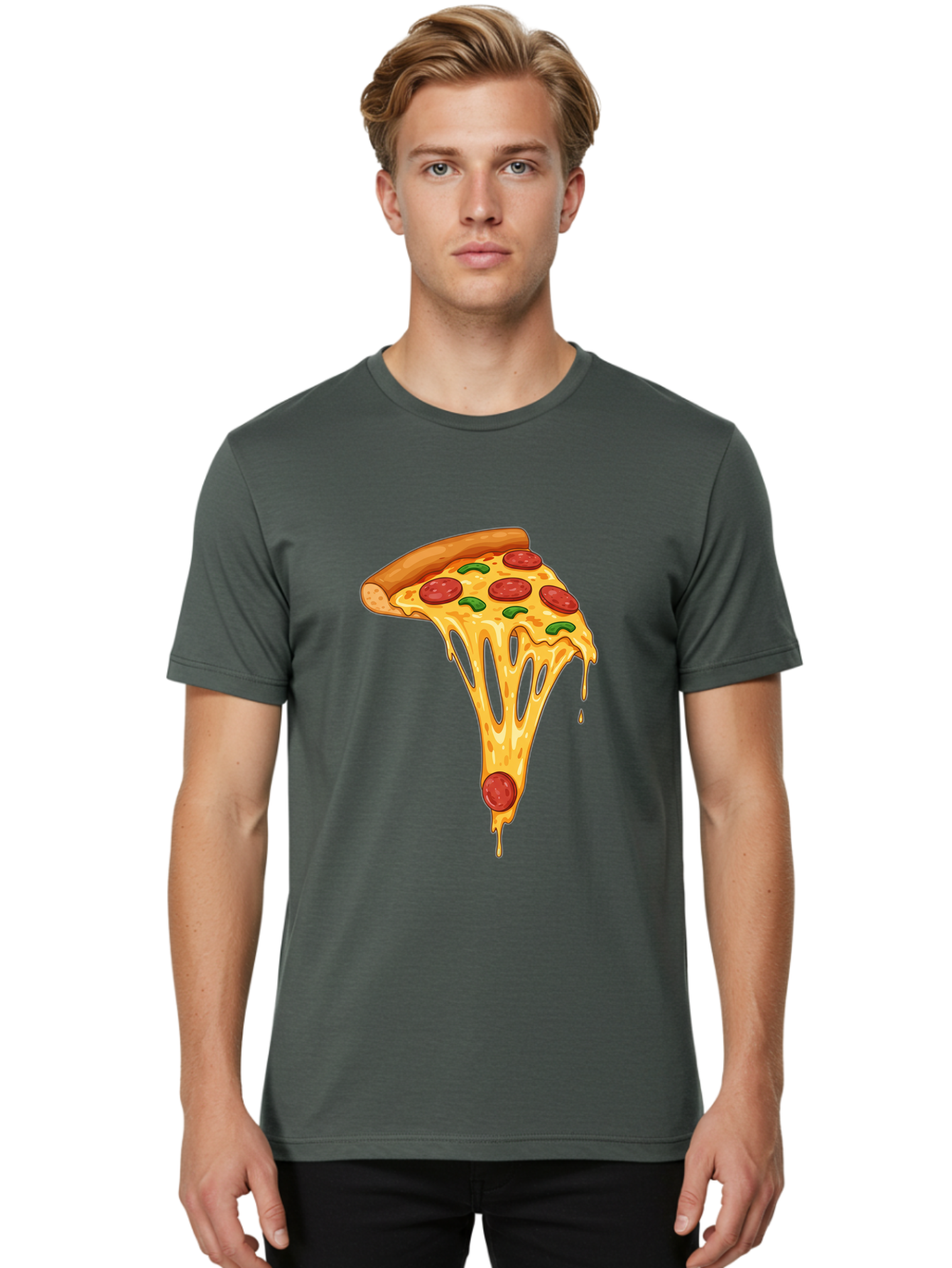 Pepperoni-Pizza-Slice-6 Men'S Graphic Tee, 100% Cotton, Comfortable Casual Summer Wear, Machine Washable, Pepperoni Pizza, Cheesy Goodness, Melted Cheese, Green Peppers, Savory Delight, Italian Cuisine, Foodie Favorite, Pizza Love, Bac238