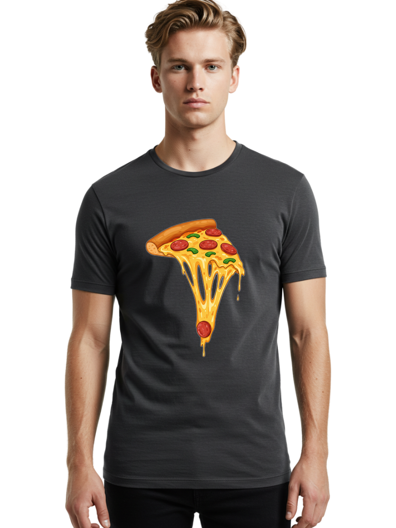 Pepperoni-Pizza-Slice-6 Men'S Graphic Tee, 100% Cotton, Comfortable Casual Summer Wear, Machine Washable, Pepperoni Pizza, Cheesy Goodness, Melted Cheese, Green Peppers, Savory Delight, Italian Cuisine, Foodie Favorite, Pizza Love, Bac238