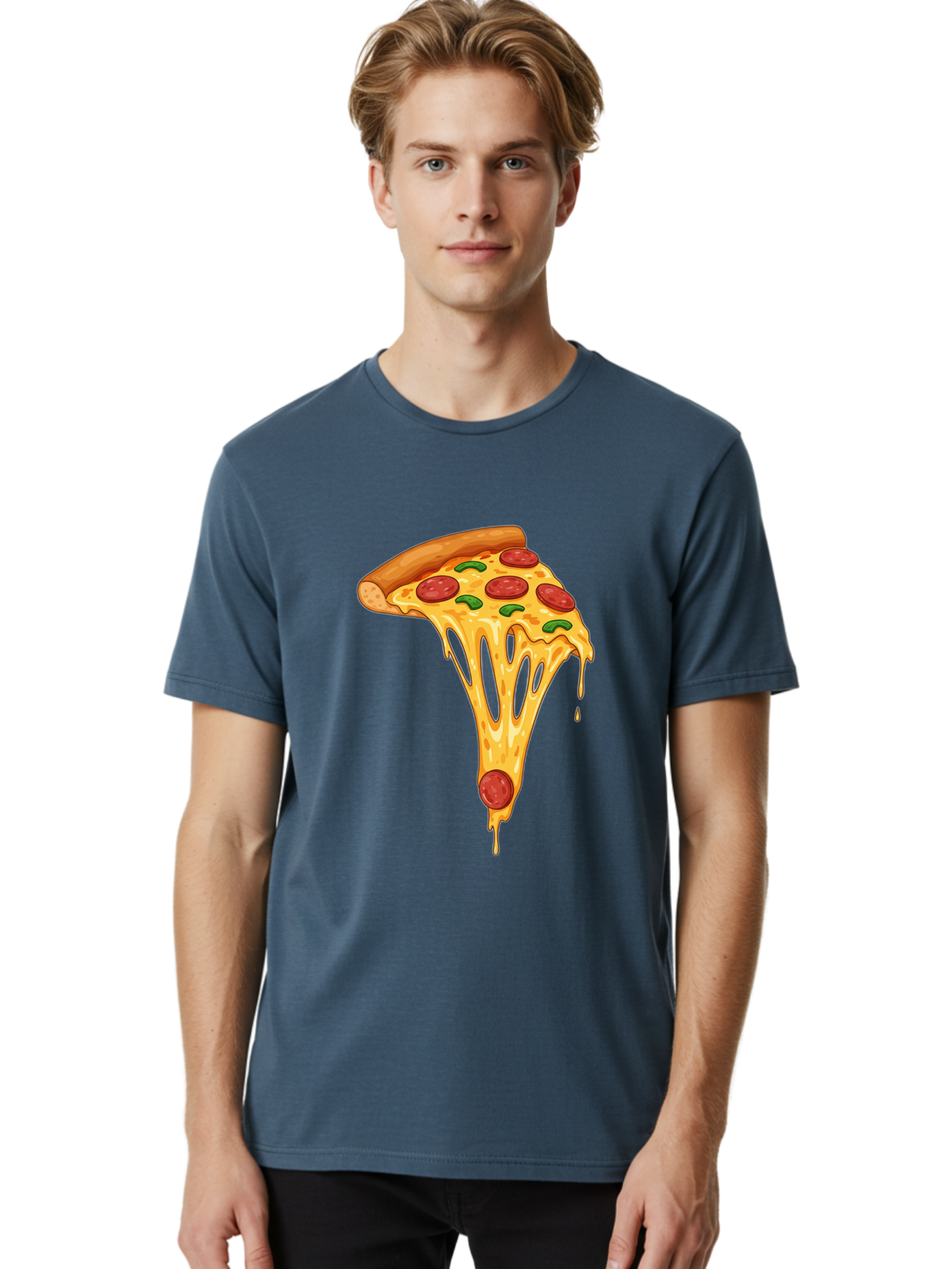 Pepperoni-Pizza-Slice-6 Men'S Graphic Tee, 100% Cotton, Comfortable Casual Summer Wear, Machine Washable, Pepperoni Pizza, Cheesy Goodness, Melted Cheese, Green Peppers, Savory Delight, Italian Cuisine, Foodie Favorite, Pizza Love, Bac238