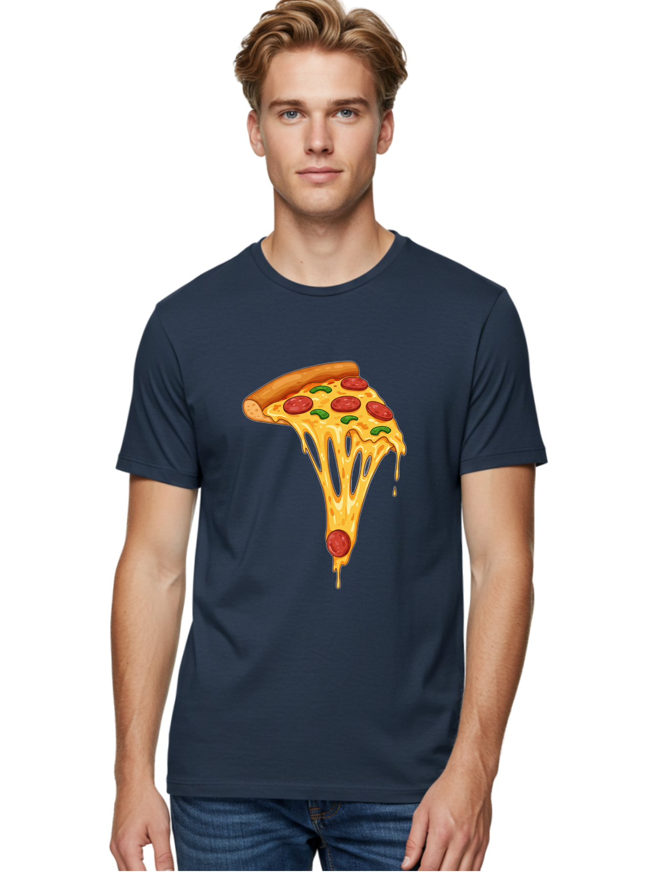 Pepperoni-Pizza-Slice-6 Men'S Graphic Tee, 100% Cotton, Comfortable Casual Summer Wear, Machine Washable, Pepperoni Pizza, Cheesy Goodness, Melted Cheese, Green Peppers, Savory Delight, Italian Cuisine, Foodie Favorite, Pizza Love, Bac238