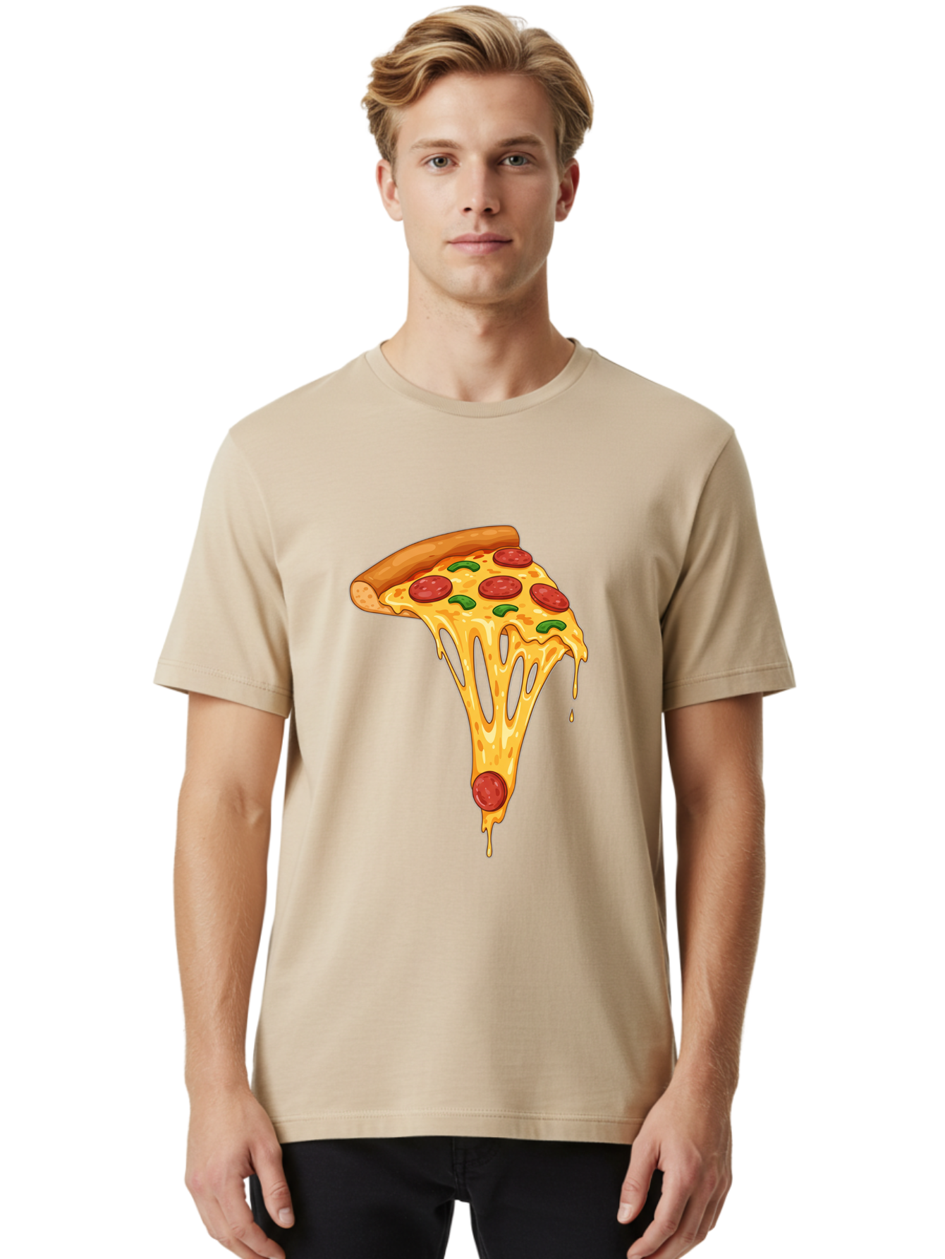 Pepperoni-Pizza-Slice-6 Men'S Graphic Tee, 100% Cotton, Comfortable Casual Summer Wear, Machine Washable, Pepperoni Pizza, Cheesy Goodness, Melted Cheese, Green Peppers, Savory Delight, Italian Cuisine, Foodie Favorite, Pizza Love, Bac238