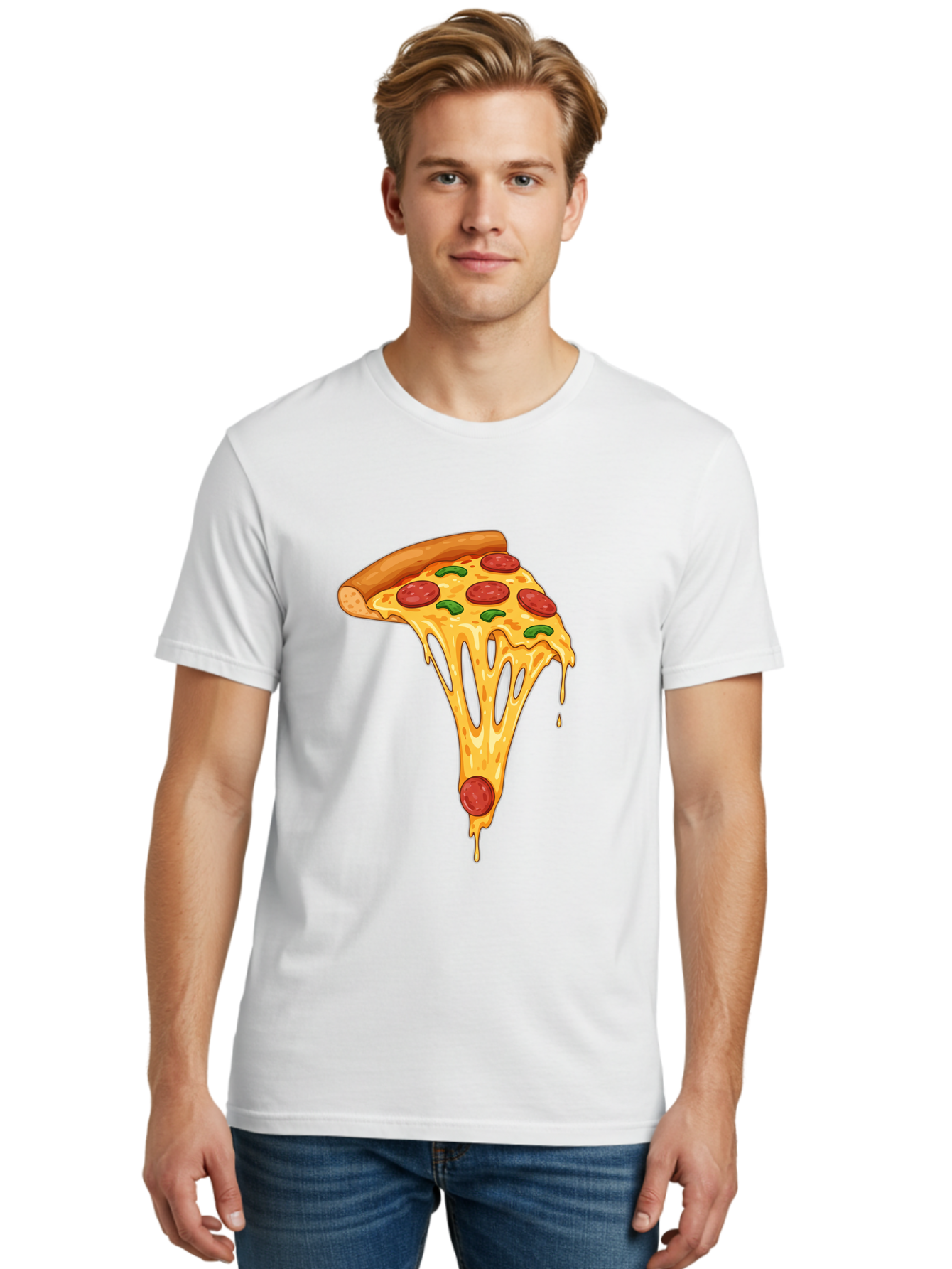 Pepperoni-Pizza-Slice-6 Men'S Graphic Tee, 100% Cotton, Comfortable Casual Summer Wear, Machine Washable, Pepperoni Pizza, Cheesy Goodness, Melted Cheese, Green Peppers, Savory Delight, Italian Cuisine, Foodie Favorite, Pizza Love, Bac238
