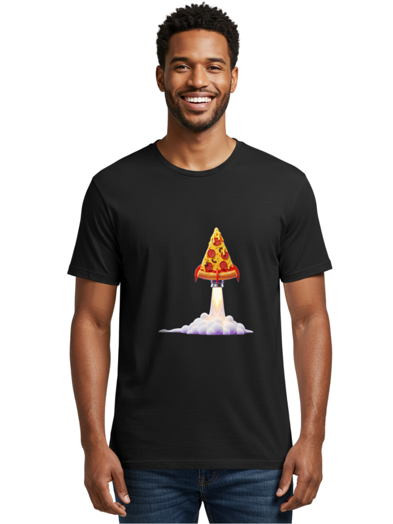 Pepperoni-Pizza-Slice-Rocket Men'S Graphic Tee, 100% Cotton, Comfortable Casual Summer Wear, Machine Washable, Pepperoni Pizza Slice, Rocket Launch, Food Art, Cartoon Style, Funny Illustration, Melted Cheese, Spicy Toppings, Creative Design Bac242