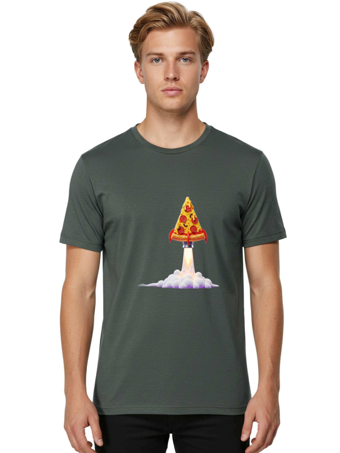 Pepperoni-Pizza-Slice-Rocket Men'S Graphic Tee, 100% Cotton, Comfortable Casual Summer Wear, Machine Washable, Pepperoni Pizza Slice, Rocket Launch, Food Art, Cartoon Style, Funny Illustration, Melted Cheese, Spicy Toppings, Creative Design Bac242