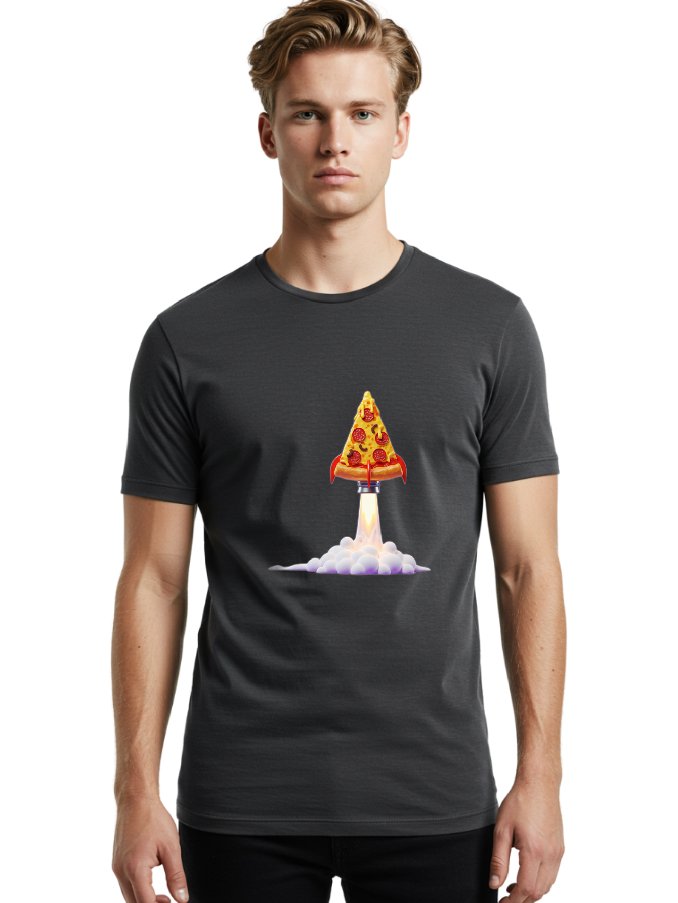 Pepperoni-Pizza-Slice-Rocket Men'S Graphic Tee, 100% Cotton, Comfortable Casual Summer Wear, Machine Washable, Pepperoni Pizza Slice, Rocket Launch, Food Art, Cartoon Style, Funny Illustration, Melted Cheese, Spicy Toppings, Creative Design Bac242