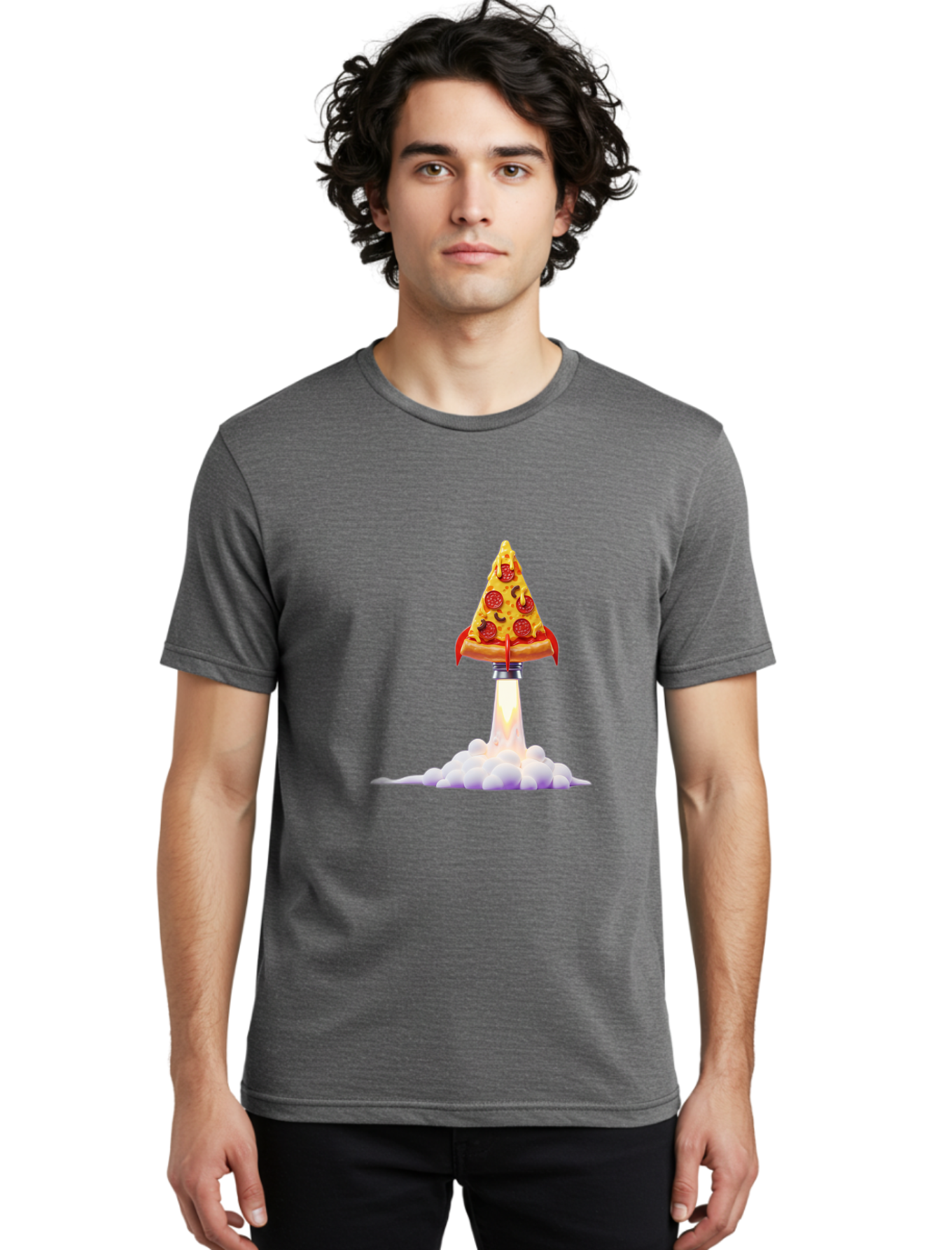 Pepperoni-Pizza-Slice-Rocket Men'S Graphic Tee, 100% Cotton, Comfortable Casual Summer Wear, Machine Washable, Pepperoni Pizza Slice, Rocket Launch, Food Art, Cartoon Style, Funny Illustration, Melted Cheese, Spicy Toppings, Creative Design Bac242