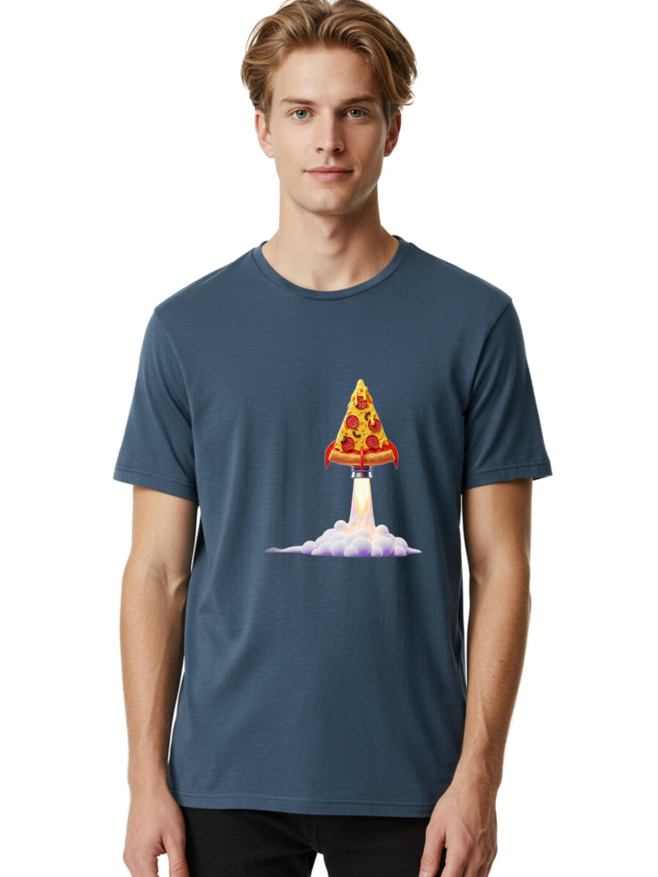 Pepperoni-Pizza-Slice-Rocket Men'S Graphic Tee, 100% Cotton, Comfortable Casual Summer Wear, Machine Washable, Pepperoni Pizza Slice, Rocket Launch, Food Art, Cartoon Style, Funny Illustration, Melted Cheese, Spicy Toppings, Creative Design Bac242