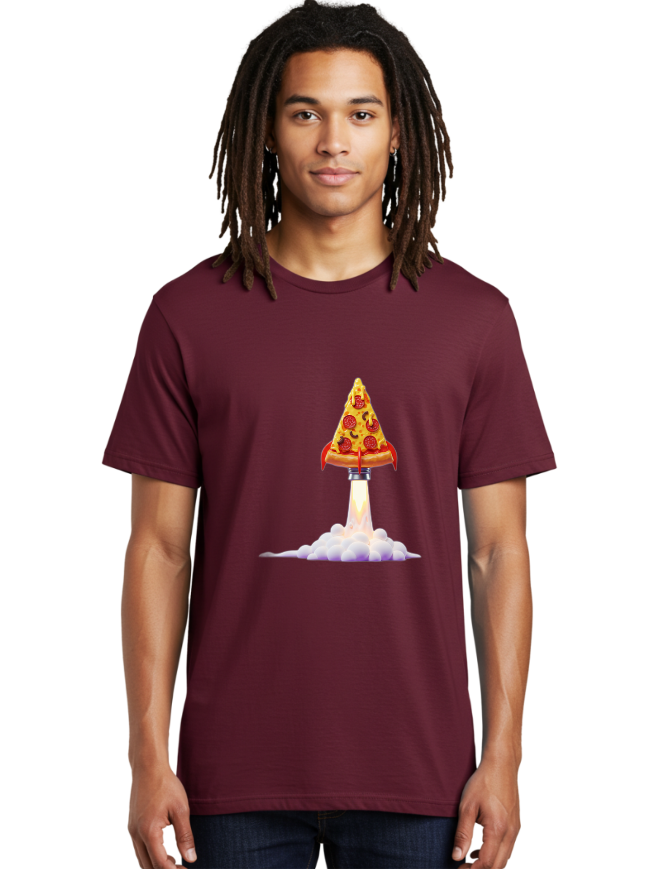 Pepperoni-Pizza-Slice-Rocket Men'S Graphic Tee, 100% Cotton, Comfortable Casual Summer Wear, Machine Washable, Pepperoni Pizza Slice, Rocket Launch, Food Art, Cartoon Style, Funny Illustration, Melted Cheese, Spicy Toppings, Creative Design Bac242