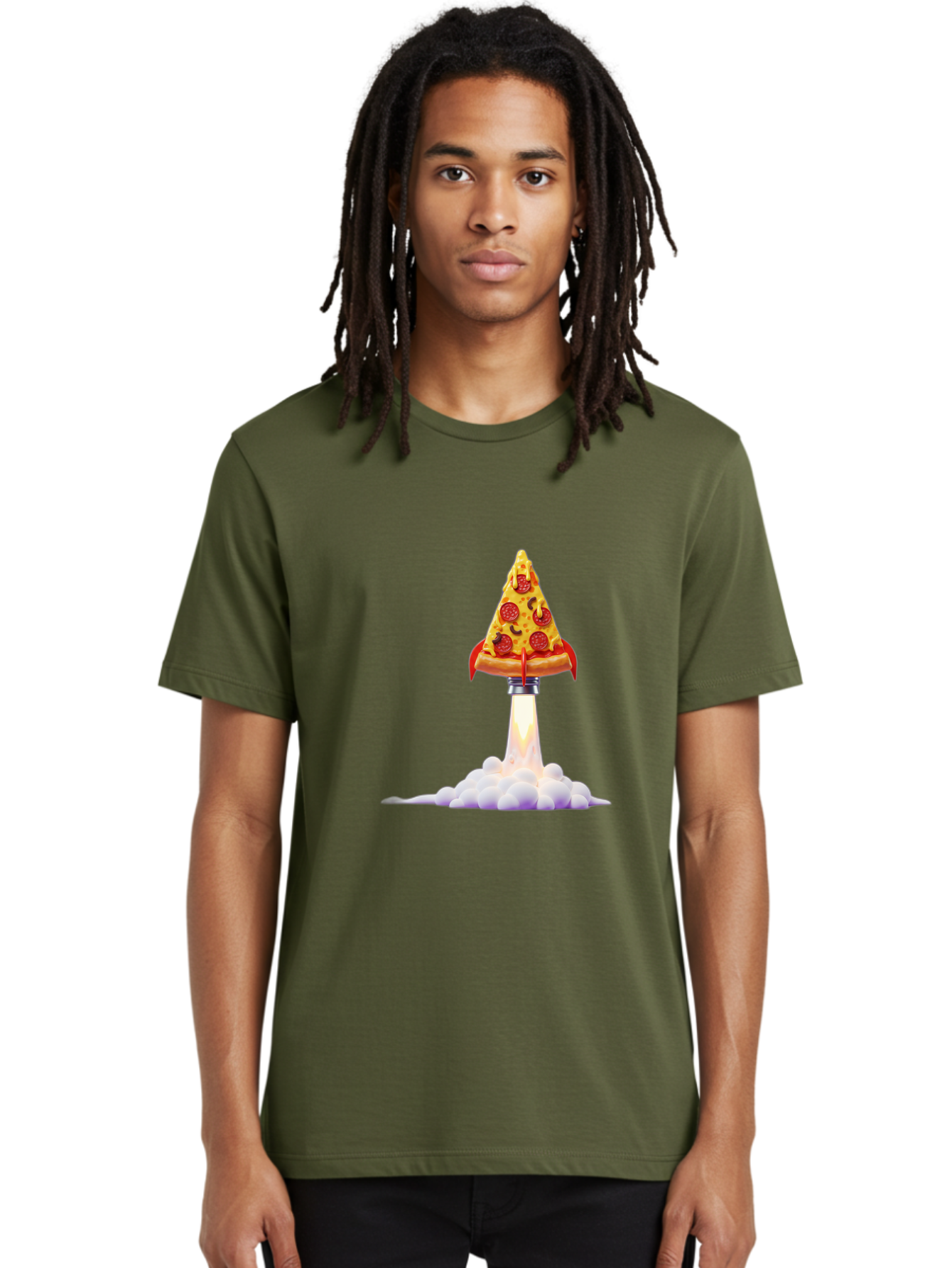 Pepperoni-Pizza-Slice-Rocket Men'S Graphic Tee, 100% Cotton, Comfortable Casual Summer Wear, Machine Washable, Pepperoni Pizza Slice, Rocket Launch, Food Art, Cartoon Style, Funny Illustration, Melted Cheese, Spicy Toppings, Creative Design Bac242