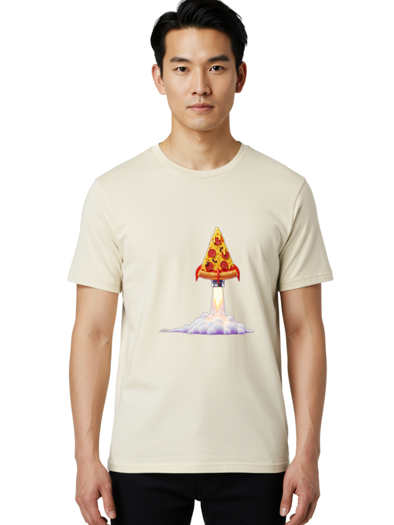 Pepperoni-Pizza-Slice-Rocket Men'S Graphic Tee, 100% Cotton, Comfortable Casual Summer Wear, Machine Washable, Pepperoni Pizza Slice, Rocket Launch, Food Art, Cartoon Style, Funny Illustration, Melted Cheese, Spicy Toppings, Creative Design Bac242