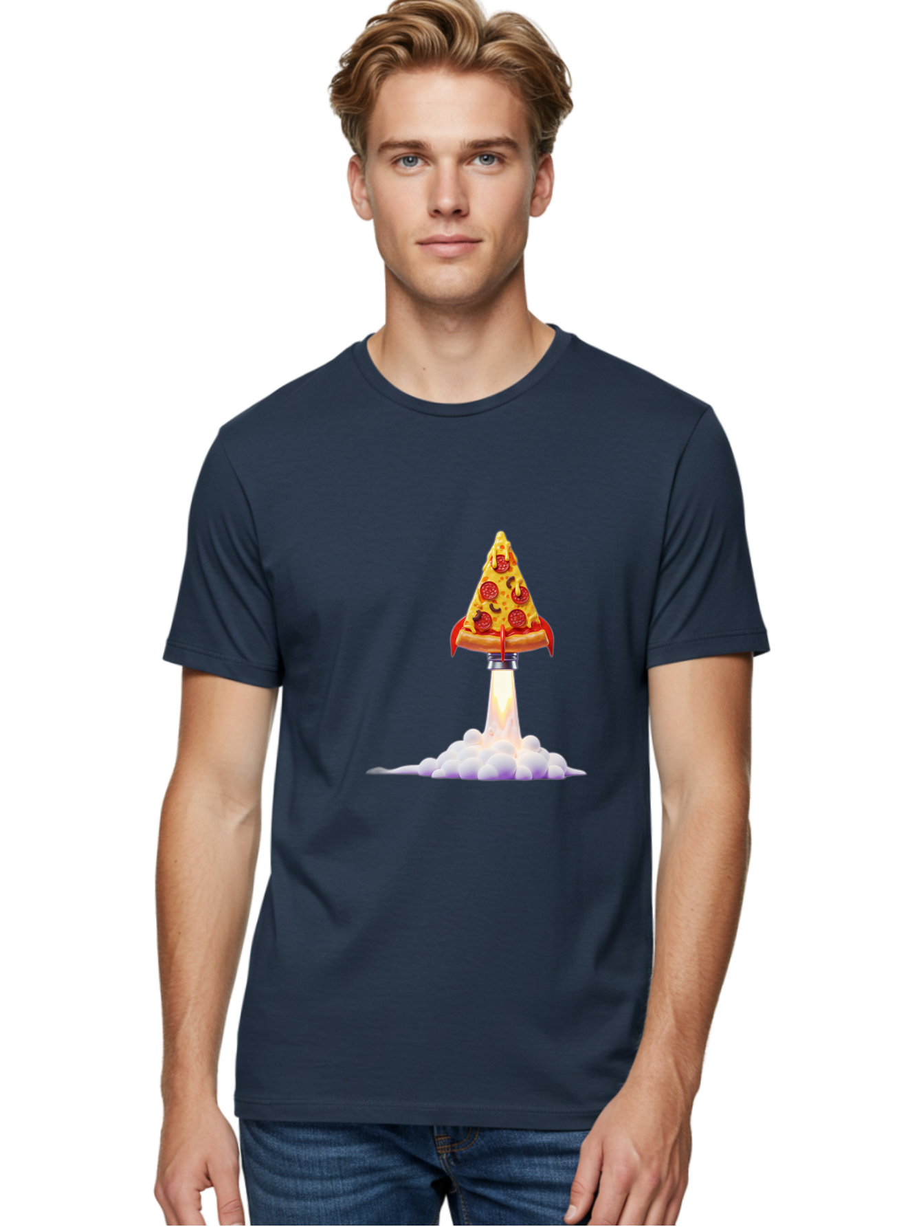 Pepperoni-Pizza-Slice-Rocket Men'S Graphic Tee, 100% Cotton, Comfortable Casual Summer Wear, Machine Washable, Pepperoni Pizza Slice, Rocket Launch, Food Art, Cartoon Style, Funny Illustration, Melted Cheese, Spicy Toppings, Creative Design Bac242