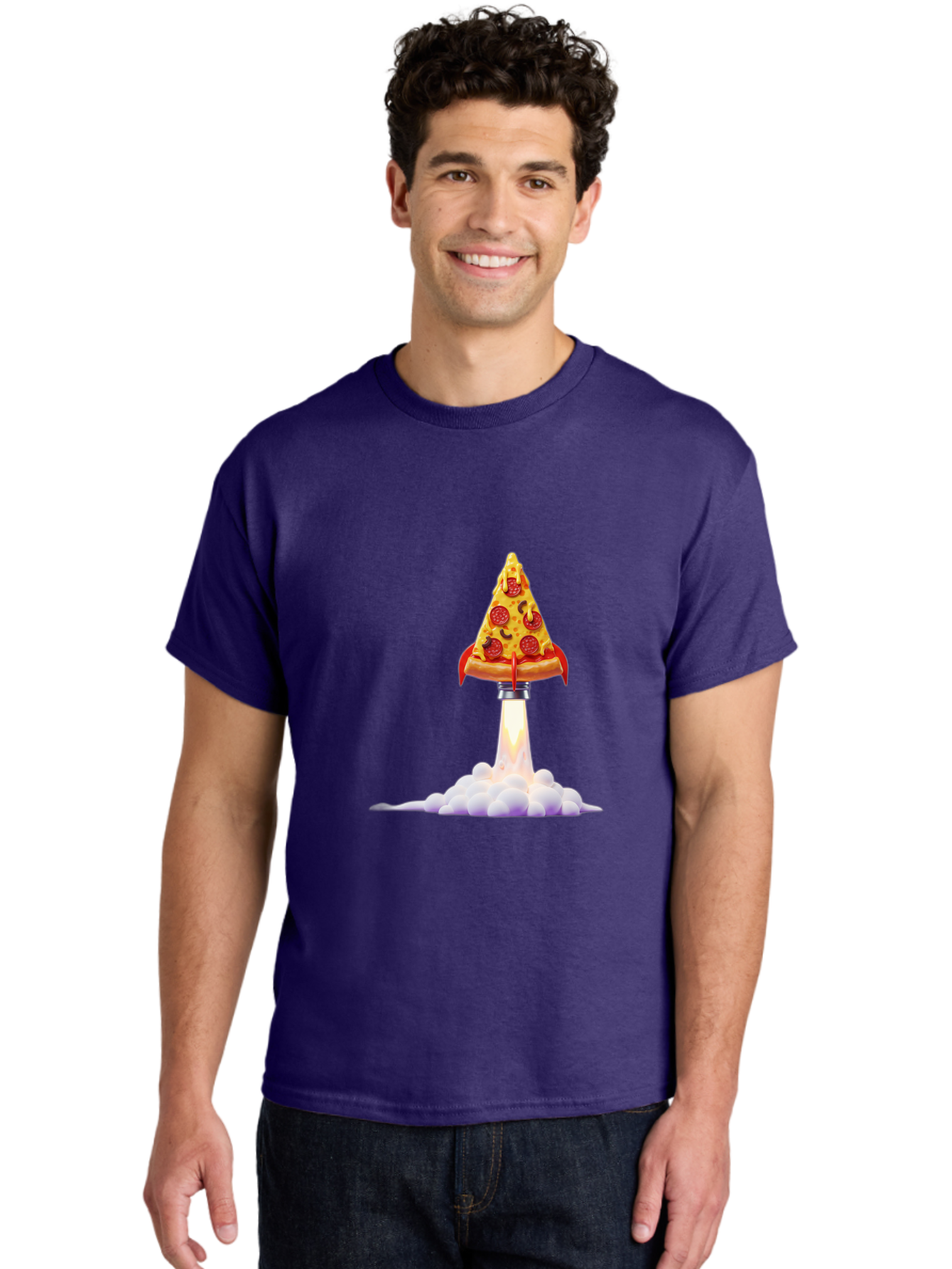 Pepperoni-Pizza-Slice-Rocket Men'S Graphic Tee, 100% Cotton, Comfortable Casual Summer Wear, Machine Washable, Pepperoni Pizza Slice, Rocket Launch, Food Art, Cartoon Style, Funny Illustration, Melted Cheese, Spicy Toppings, Creative Design Bac242