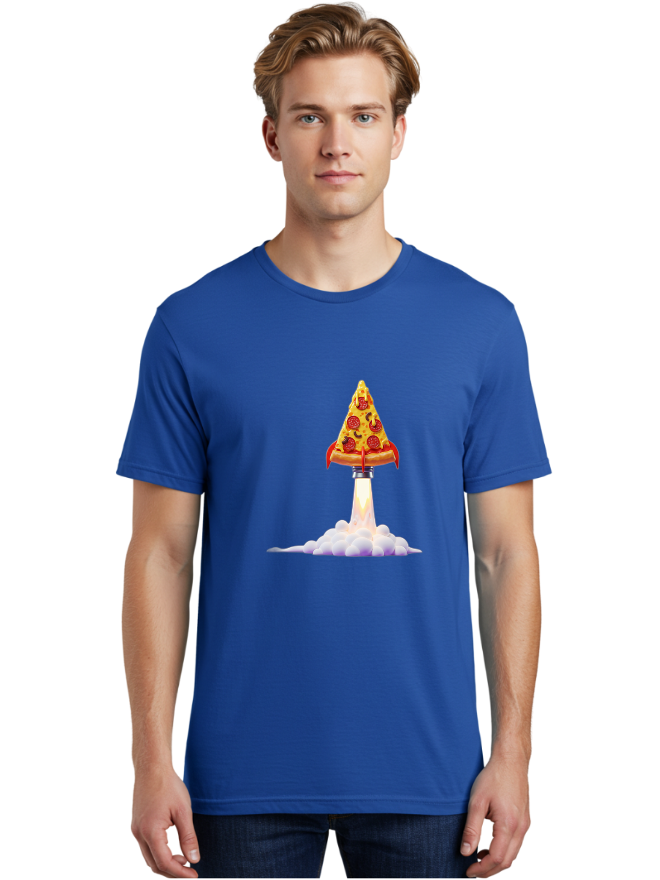Pepperoni-Pizza-Slice-Rocket Men'S Graphic Tee, 100% Cotton, Comfortable Casual Summer Wear, Machine Washable, Pepperoni Pizza Slice, Rocket Launch, Food Art, Cartoon Style, Funny Illustration, Melted Cheese, Spicy Toppings, Creative Design Bac242