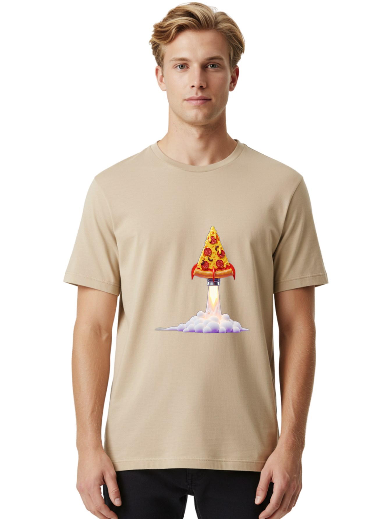 Pepperoni-Pizza-Slice-Rocket Men'S Graphic Tee, 100% Cotton, Comfortable Casual Summer Wear, Machine Washable, Pepperoni Pizza Slice, Rocket Launch, Food Art, Cartoon Style, Funny Illustration, Melted Cheese, Spicy Toppings, Creative Design Bac242