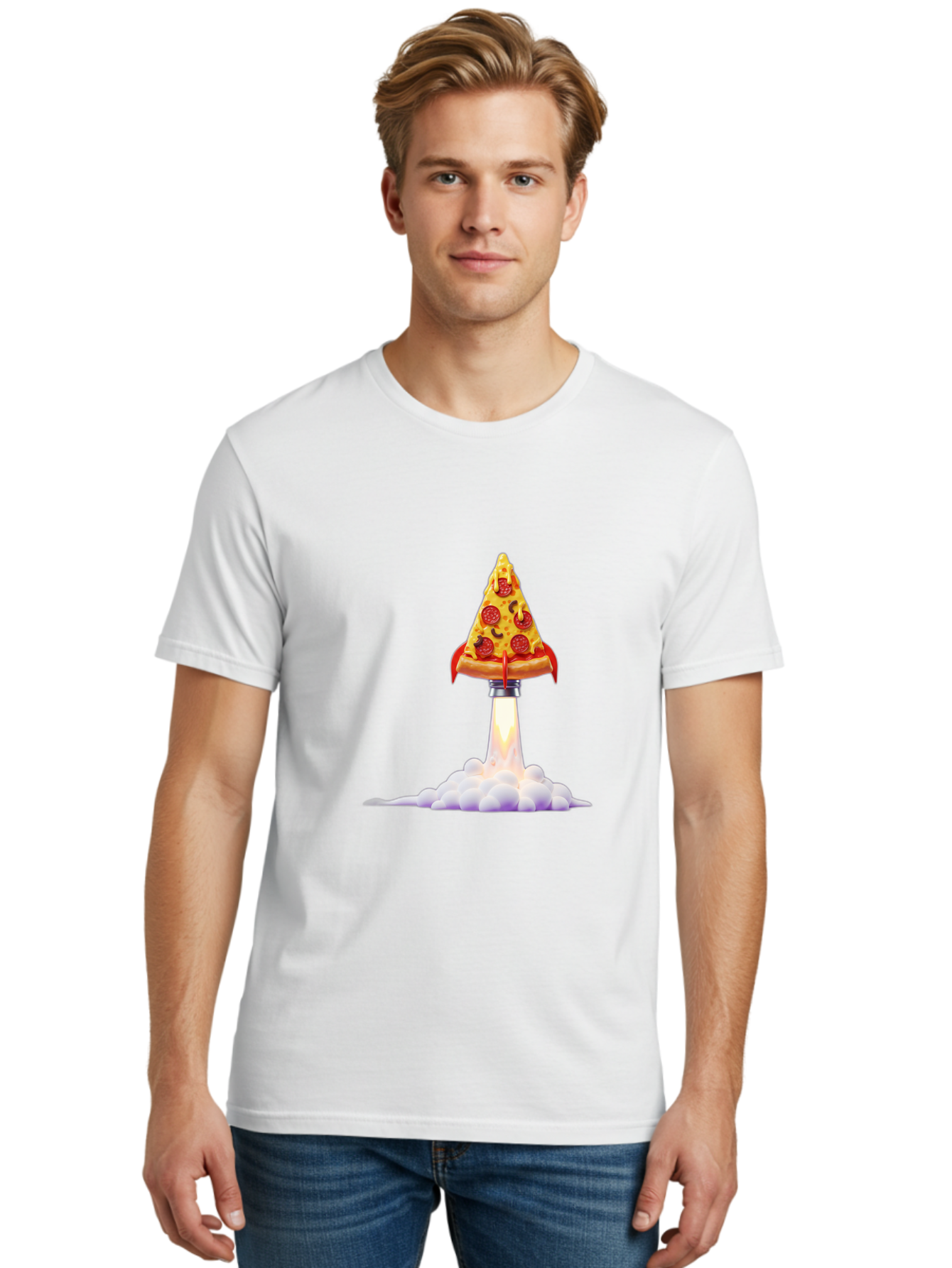 Pepperoni-Pizza-Slice-Rocket Men'S Graphic Tee, 100% Cotton, Comfortable Casual Summer Wear, Machine Washable, Pepperoni Pizza Slice, Rocket Launch, Food Art, Cartoon Style, Funny Illustration, Melted Cheese, Spicy Toppings, Creative Design Bac242
