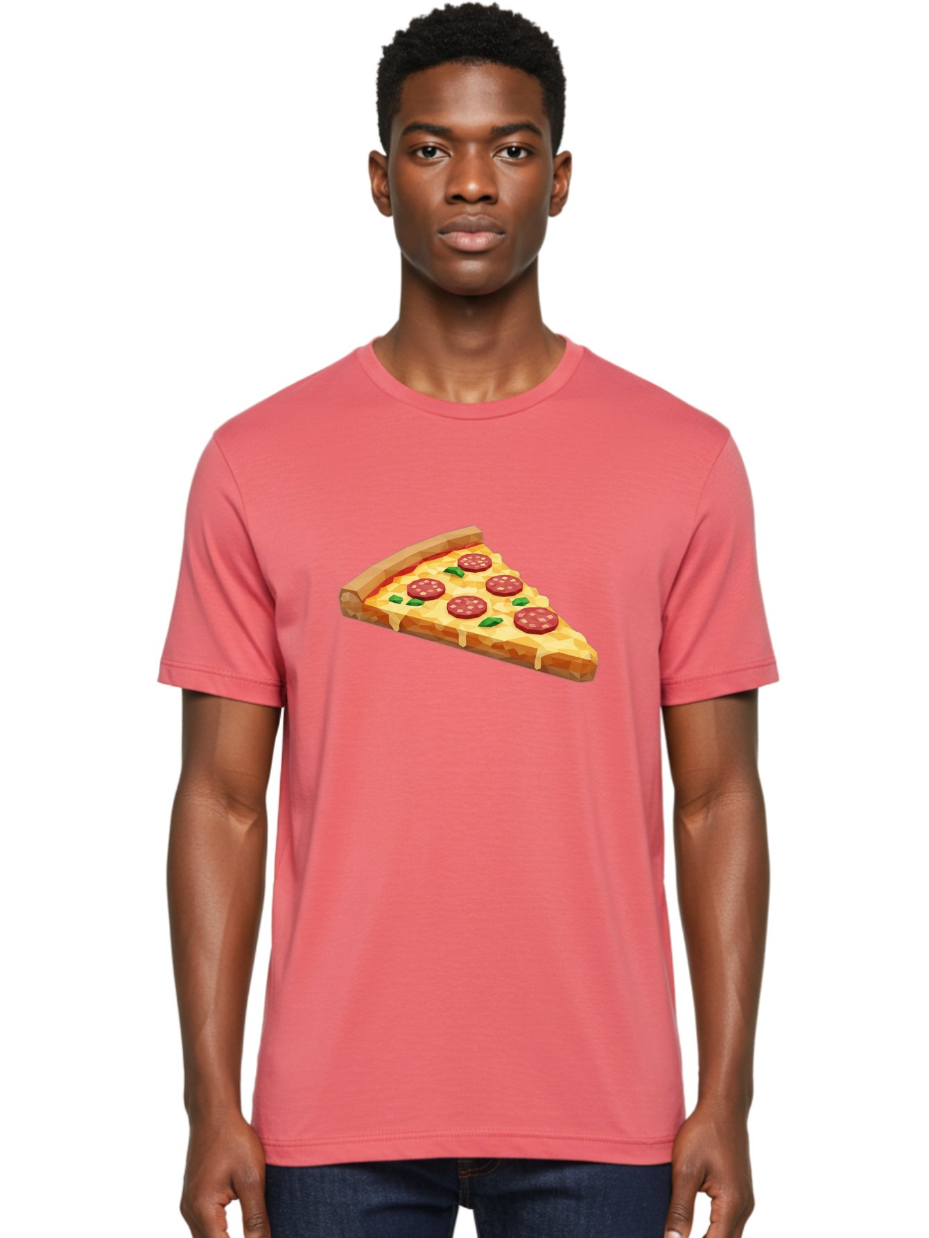 Pepperoni-Pizza-Slice Men'S Graphic Tee, 100% Cotton, Comfortable Casual Summer Wear, Machine Washable, Pepperoni Pizza, Melted Cheese, Green Basil Leaves, Pizza Slice, Cheesy Goodness, Savory Flavors, Food Illustration, Cartoon Style Bac243