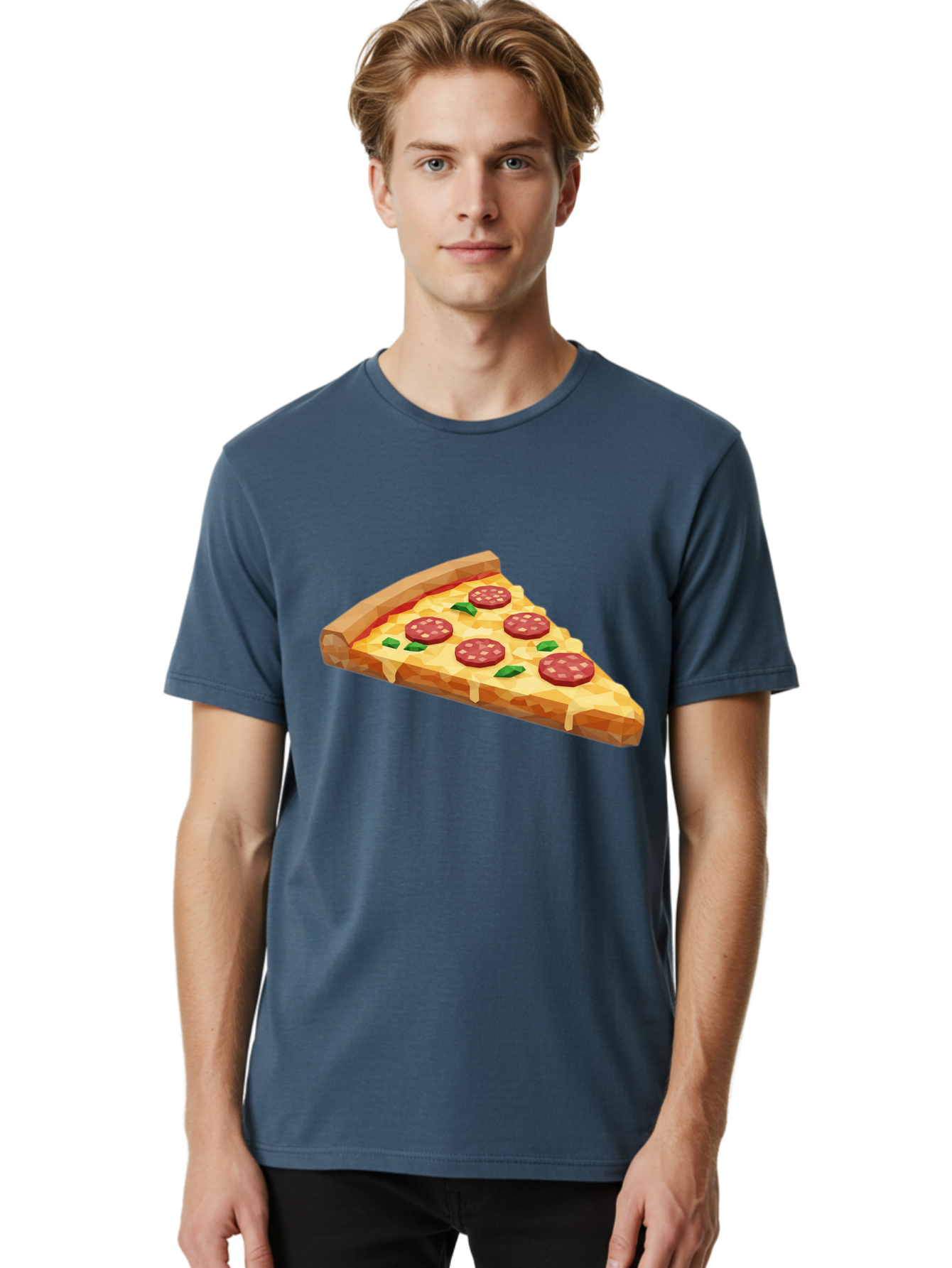 Pepperoni-Pizza-Slice Men'S Graphic Tee, 100% Cotton, Comfortable Casual Summer Wear, Machine Washable, Pepperoni Pizza, Melted Cheese, Green Basil Leaves, Pizza Slice, Cheesy Goodness, Savory Flavors, Food Illustration, Cartoon Style Bac243