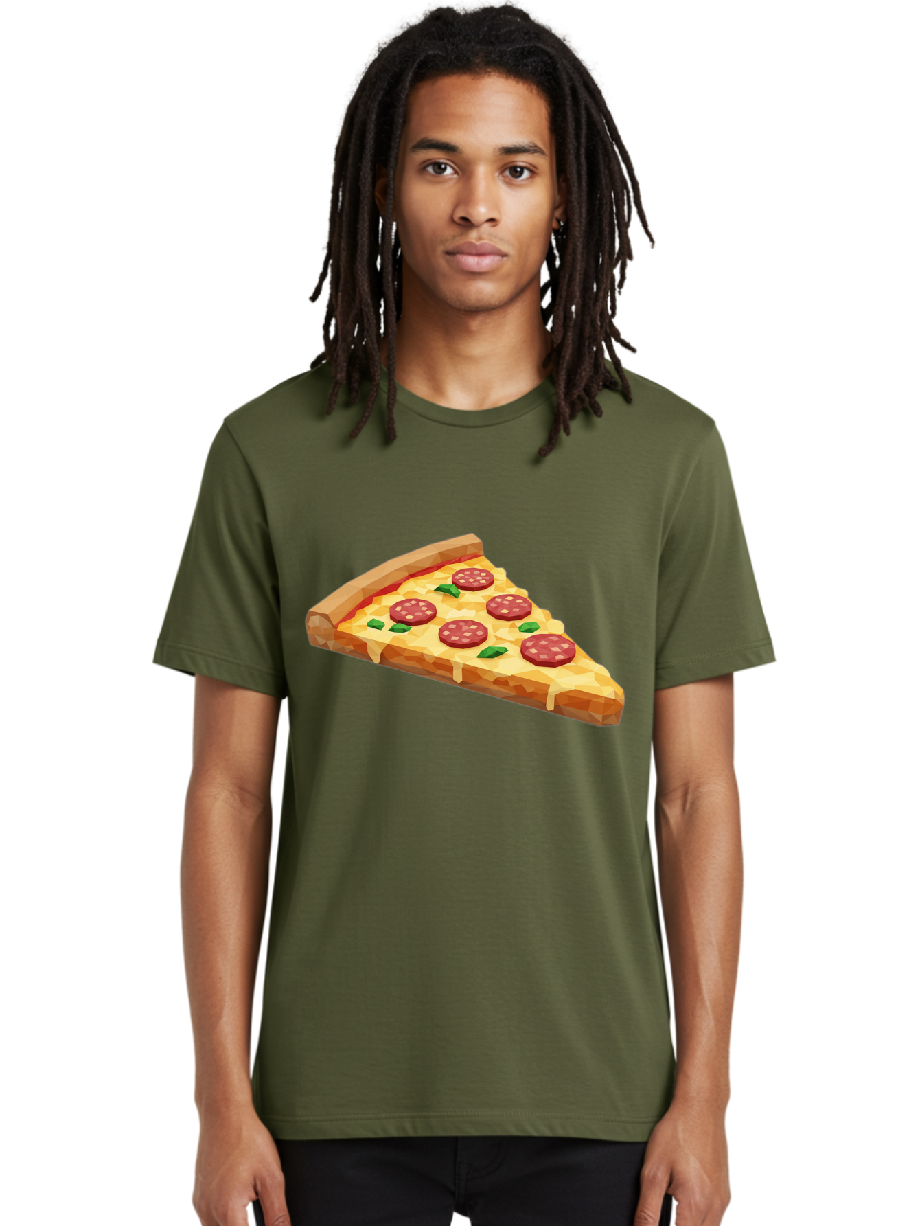 Pepperoni-Pizza-Slice Men'S Graphic Tee, 100% Cotton, Comfortable Casual Summer Wear, Machine Washable, Pepperoni Pizza, Melted Cheese, Green Basil Leaves, Pizza Slice, Cheesy Goodness, Savory Flavors, Food Illustration, Cartoon Style Bac243