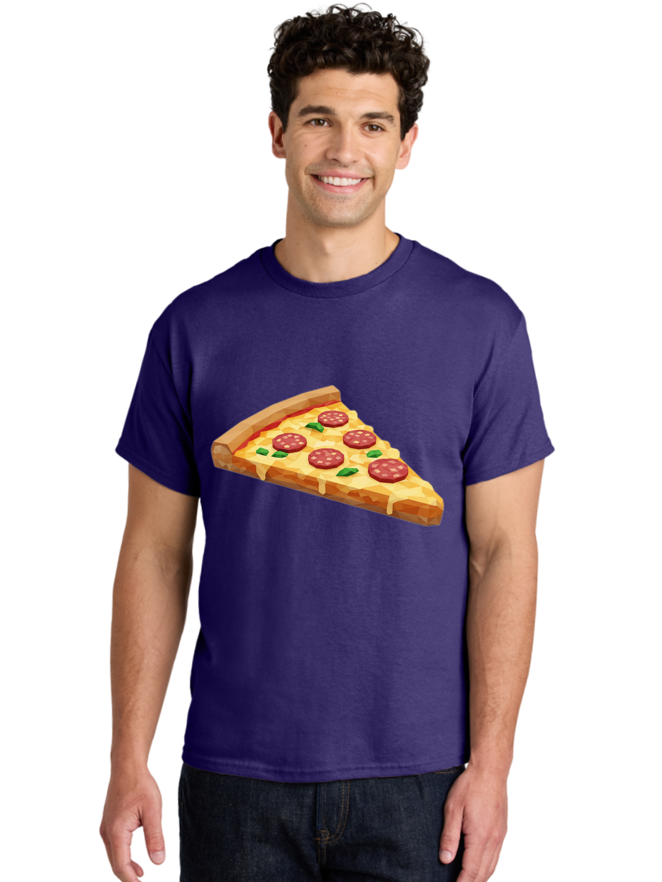 Pepperoni-Pizza-Slice Men'S Graphic Tee, 100% Cotton, Comfortable Casual Summer Wear, Machine Washable, Pepperoni Pizza, Melted Cheese, Green Basil Leaves, Pizza Slice, Cheesy Goodness, Savory Flavors, Food Illustration, Cartoon Style Bac243