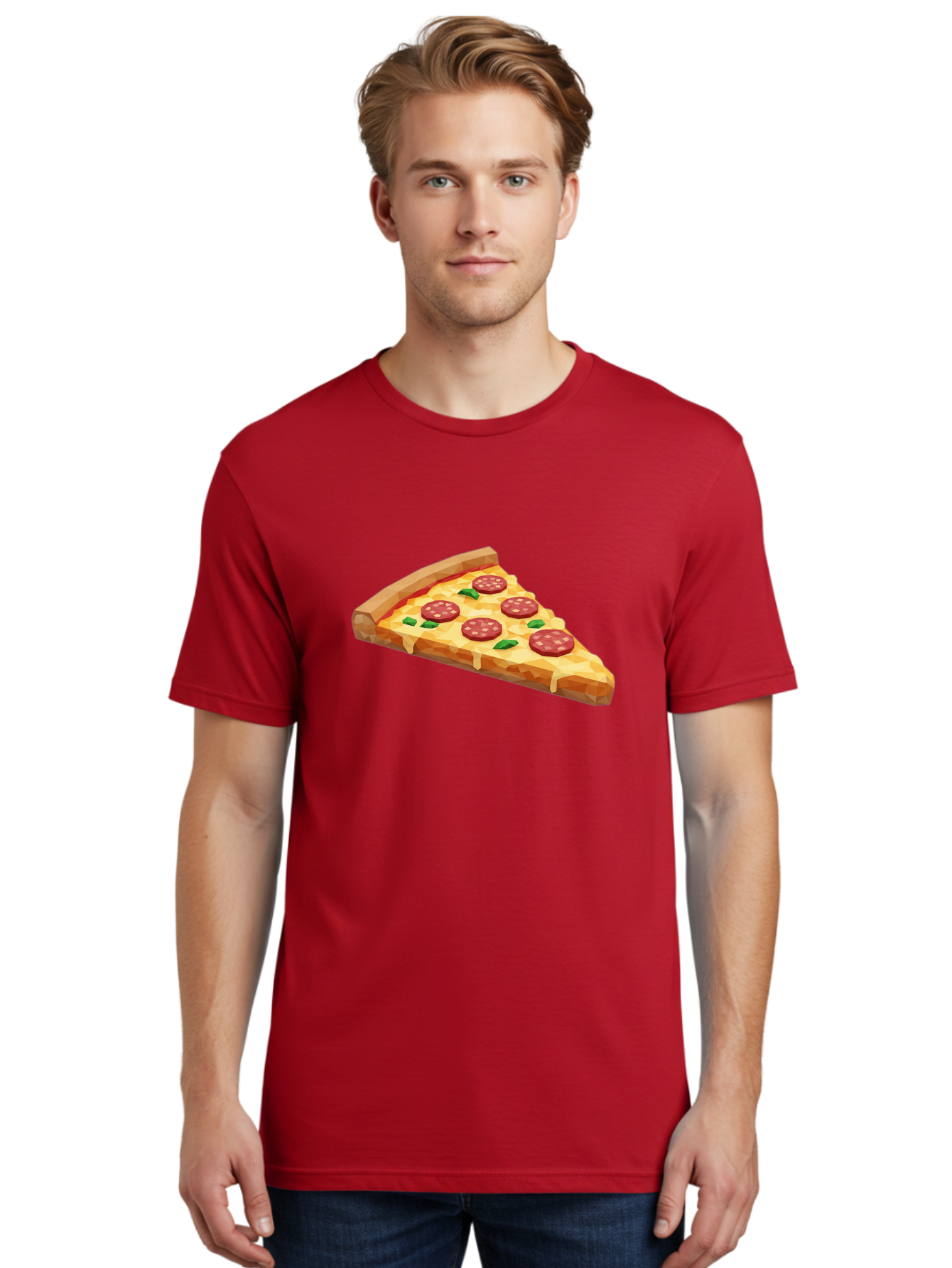 Pepperoni-Pizza-Slice Men'S Graphic Tee, 100% Cotton, Comfortable Casual Summer Wear, Machine Washable, Pepperoni Pizza, Melted Cheese, Green Basil Leaves, Pizza Slice, Cheesy Goodness, Savory Flavors, Food Illustration, Cartoon Style Bac243