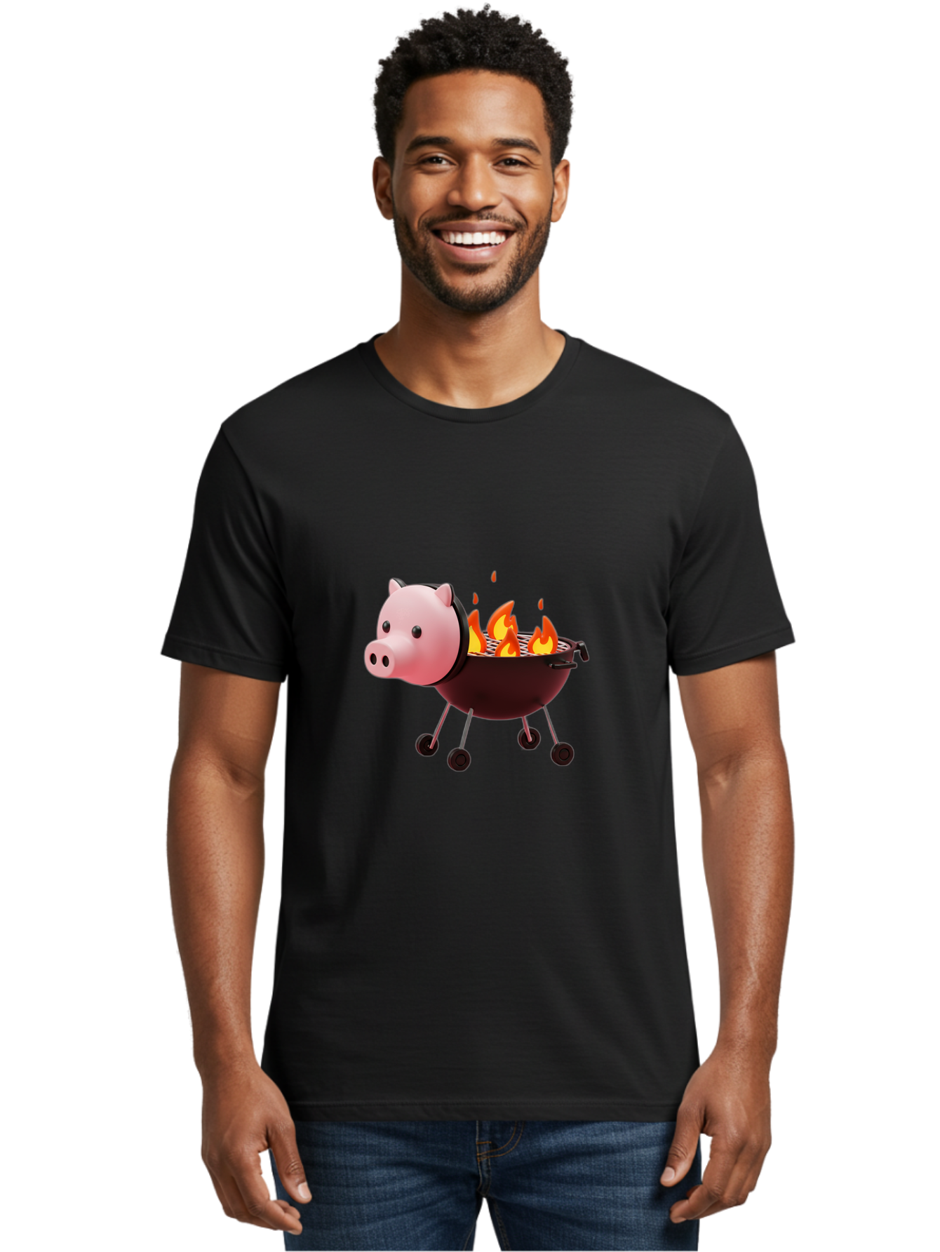 Pig-Head-On-Grill Men'S Graphic Tee, 100% Cotton, Comfortable Casual Summer Wear, Machine Washable, Pig Shaped Barbecue Grill, Barbecue Cooking, Grilling Meat, Cartoon Pig, Grill With Flames, Playful Kitchen Decor, Whimsical Design, Bac244