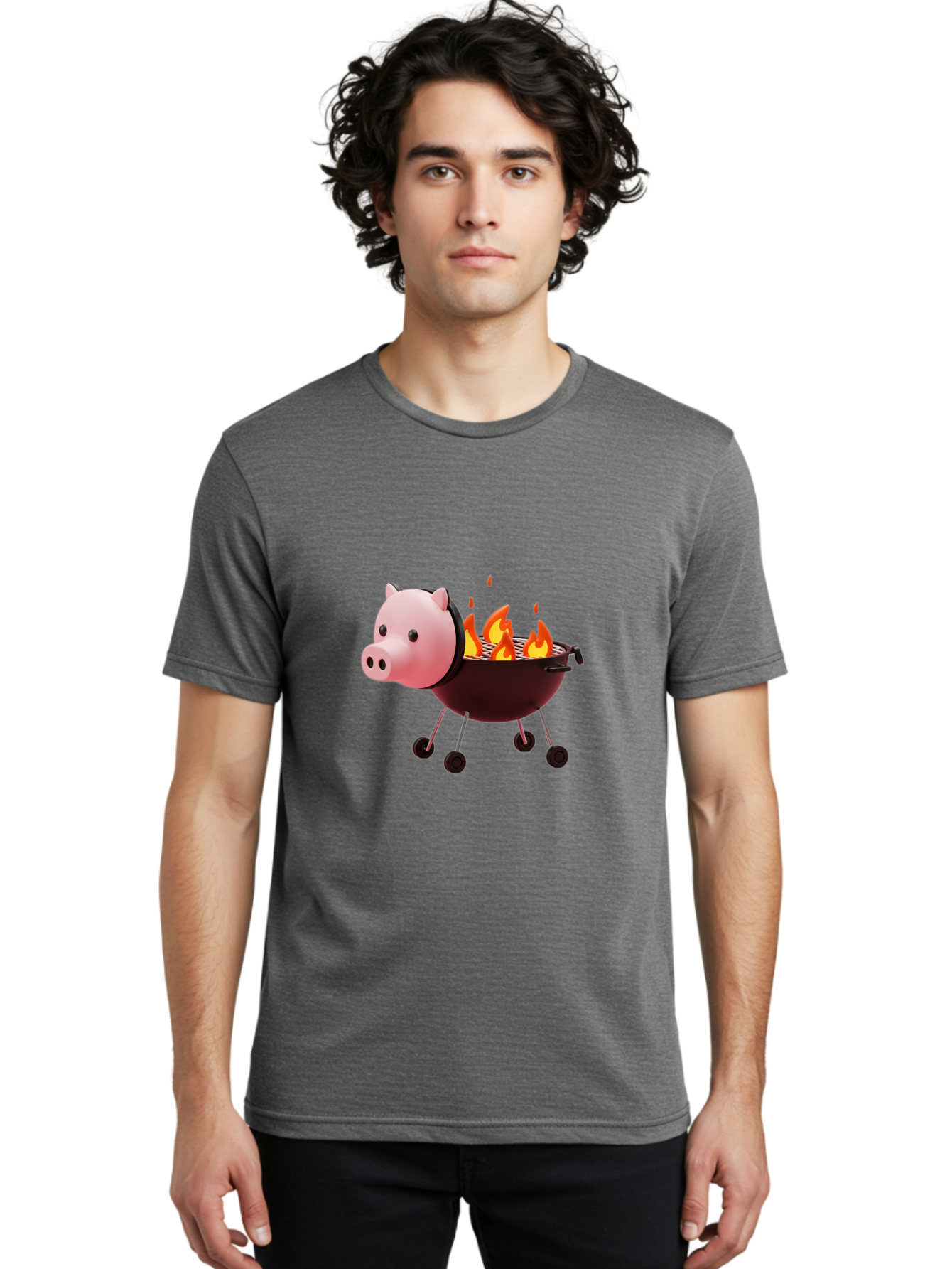 Pig-Head-On-Grill Men'S Graphic Tee, 100% Cotton, Comfortable Casual Summer Wear, Machine Washable, Pig Shaped Barbecue Grill, Barbecue Cooking, Grilling Meat, Cartoon Pig, Grill With Flames, Playful Kitchen Decor, Whimsical Design, Bac244
