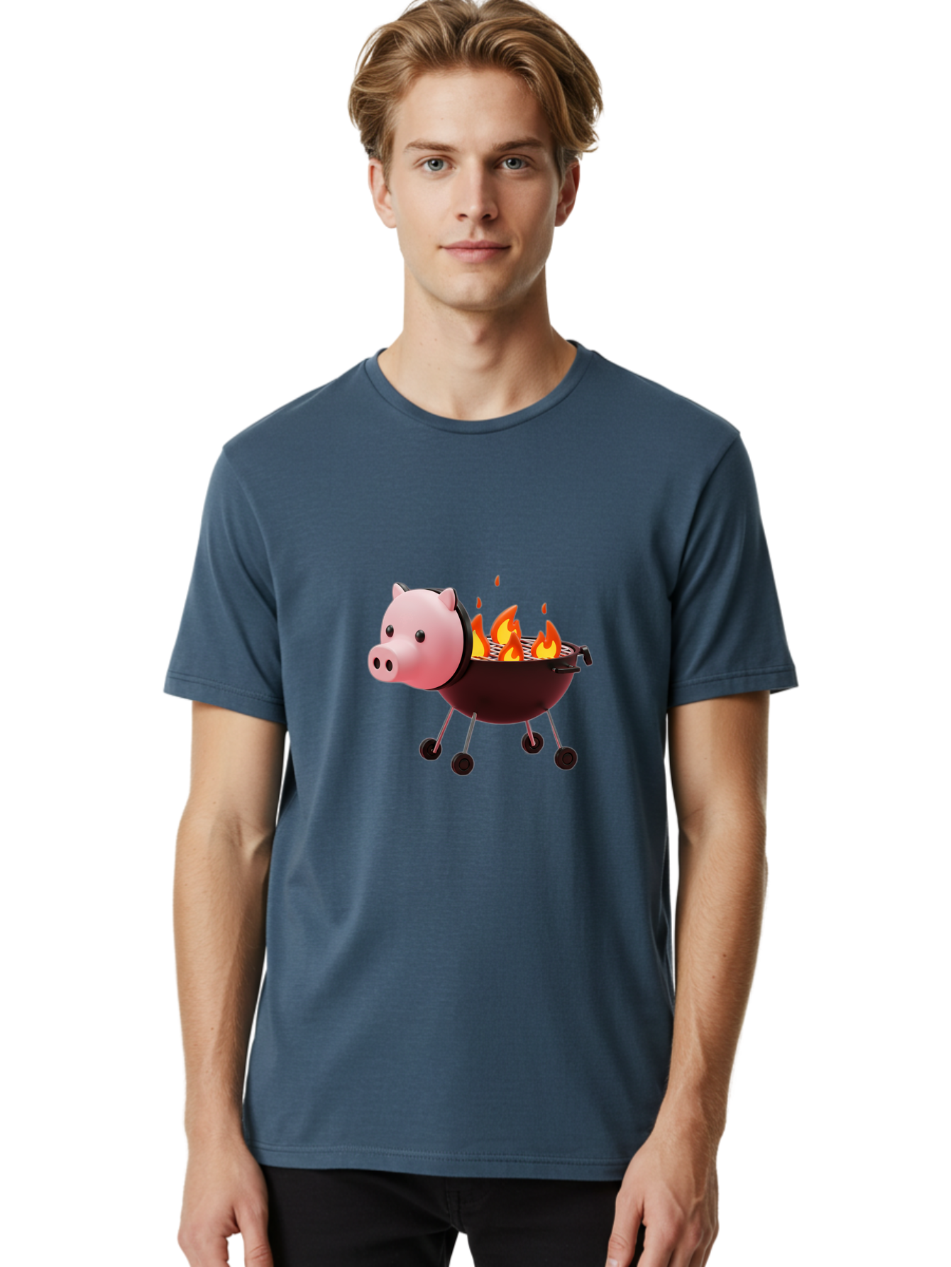Pig-Head-On-Grill Men'S Graphic Tee, 100% Cotton, Comfortable Casual Summer Wear, Machine Washable, Pig Shaped Barbecue Grill, Barbecue Cooking, Grilling Meat, Cartoon Pig, Grill With Flames, Playful Kitchen Decor, Whimsical Design, Bac244