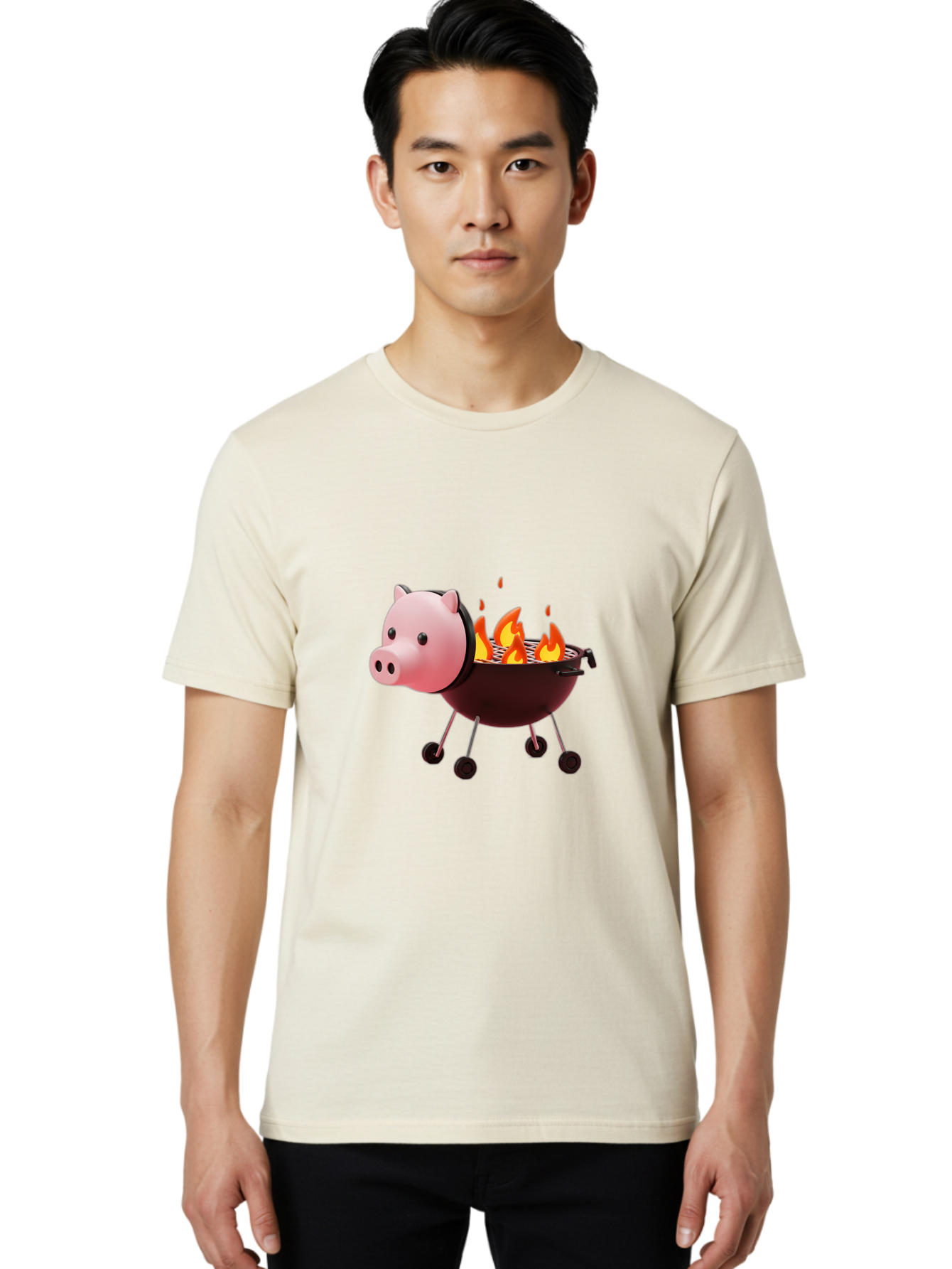 Pig-Head-On-Grill Men'S Graphic Tee, 100% Cotton, Comfortable Casual Summer Wear, Machine Washable, Pig Shaped Barbecue Grill, Barbecue Cooking, Grilling Meat, Cartoon Pig, Grill With Flames, Playful Kitchen Decor, Whimsical Design, Bac244