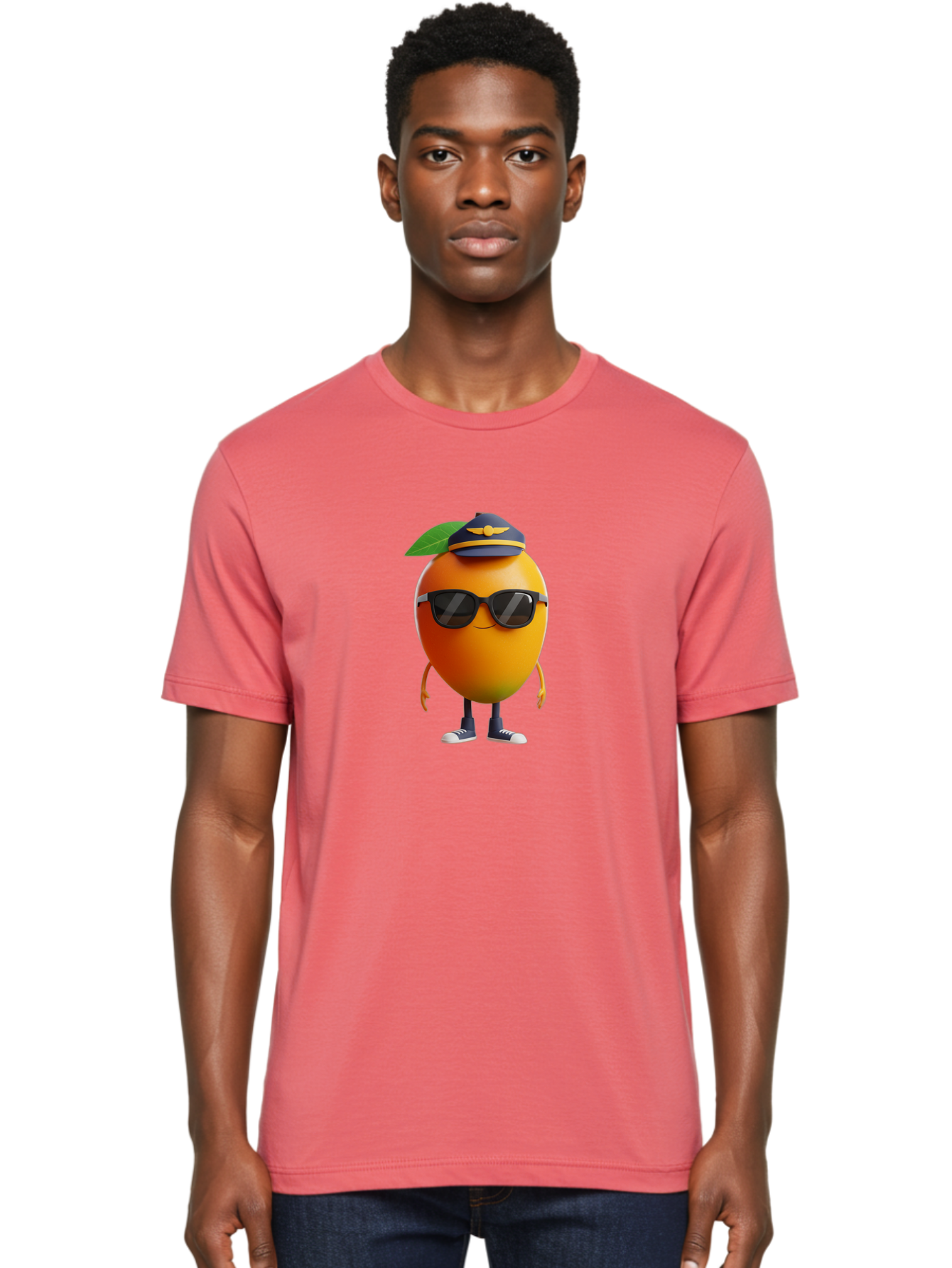 Pilot-Orange Men'S Graphic Tee, 100% Cotton, Comfortable Casual Summer Wear, Machine Washable, Cartoon Orange Character, Pilot Hat, Sunglasses, Blue Sneakers, Smiling Face, Citrus Fruit, Fun Illustration, Vibrant Orange, Playful Design, Bac245