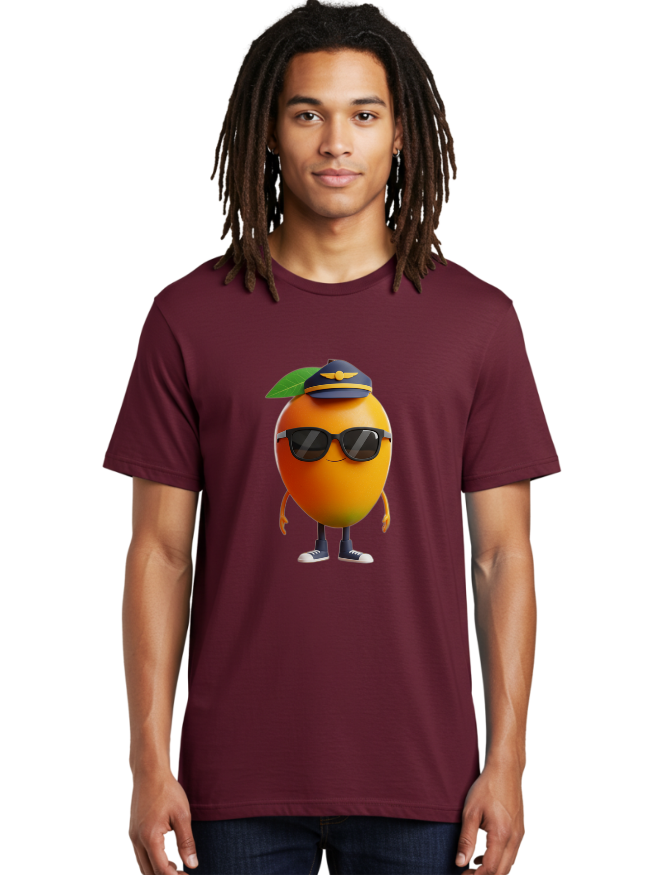 Pilot-Orange Men'S Graphic Tee, 100% Cotton, Comfortable Casual Summer Wear, Machine Washable, Cartoon Orange Character, Pilot Hat, Sunglasses, Blue Sneakers, Smiling Face, Citrus Fruit, Fun Illustration, Vibrant Orange, Playful Design, Bac245