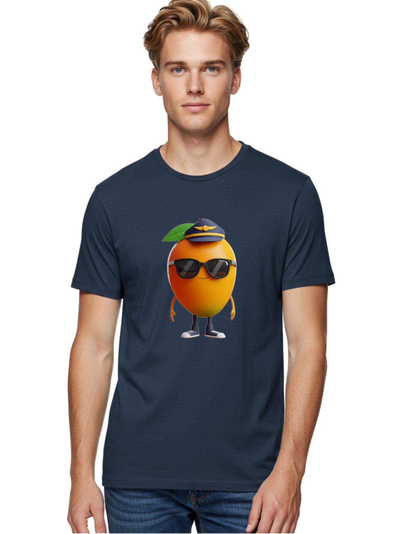 Pilot-Orange Men'S Graphic Tee, 100% Cotton, Comfortable Casual Summer Wear, Machine Washable, Cartoon Orange Character, Pilot Hat, Sunglasses, Blue Sneakers, Smiling Face, Citrus Fruit, Fun Illustration, Vibrant Orange, Playful Design, Bac245