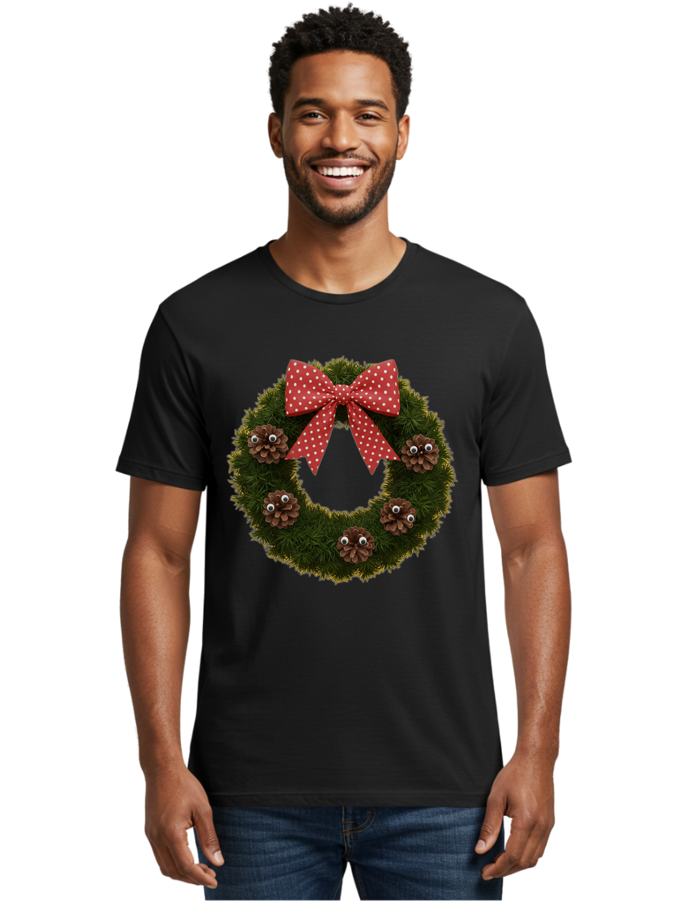 Pinecone-Wreath Men'S Graphic Tee, 100% Cotton, Comfortable Casual Summer Wear, Machine Washable, Christmas Wreath With Pinecones, Red Bow, White Polka Dots, Holiday Decoration, Festive Decor, Christmas Tree Branches, Bac246