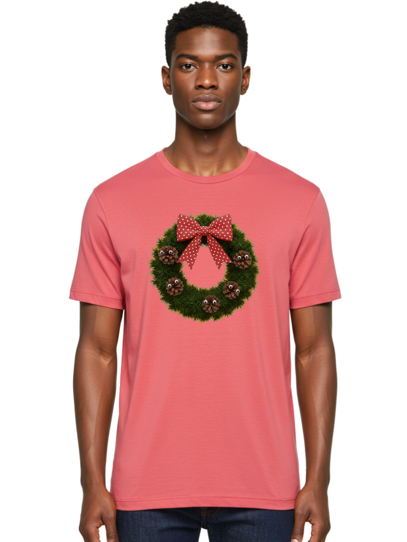 Pinecone-Wreath Men'S Graphic Tee, 100% Cotton, Comfortable Casual Summer Wear, Machine Washable, Christmas Wreath With Pinecones, Red Bow, White Polka Dots, Holiday Decoration, Festive Decor, Christmas Tree Branches, Bac246