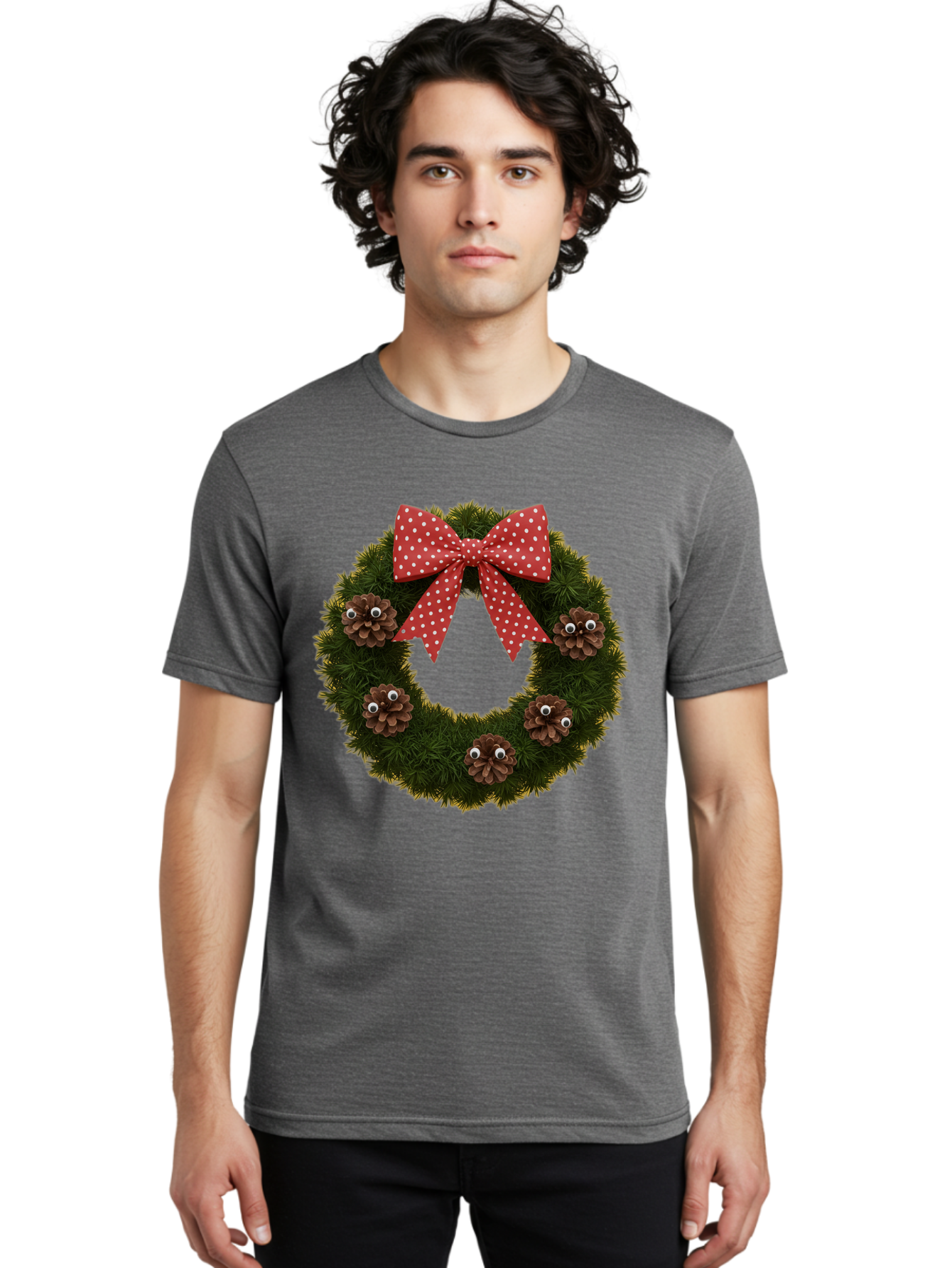 Pinecone-Wreath Men'S Graphic Tee, 100% Cotton, Comfortable Casual Summer Wear, Machine Washable, Christmas Wreath With Pinecones, Red Bow, White Polka Dots, Holiday Decoration, Festive Decor, Christmas Tree Branches, Bac246