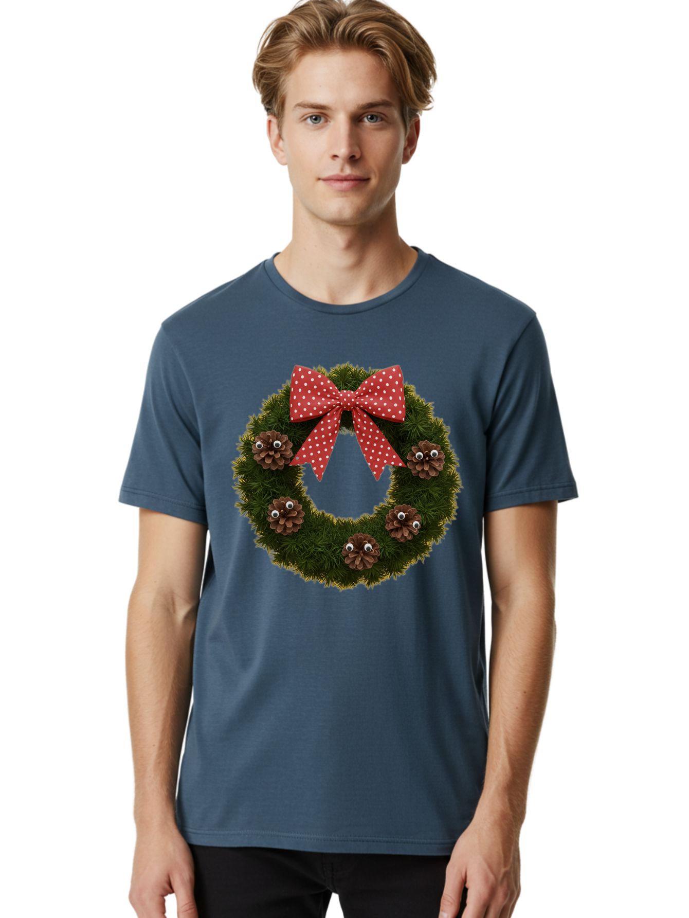 Pinecone-Wreath Men'S Graphic Tee, 100% Cotton, Comfortable Casual Summer Wear, Machine Washable, Christmas Wreath With Pinecones, Red Bow, White Polka Dots, Holiday Decoration, Festive Decor, Christmas Tree Branches, Bac246