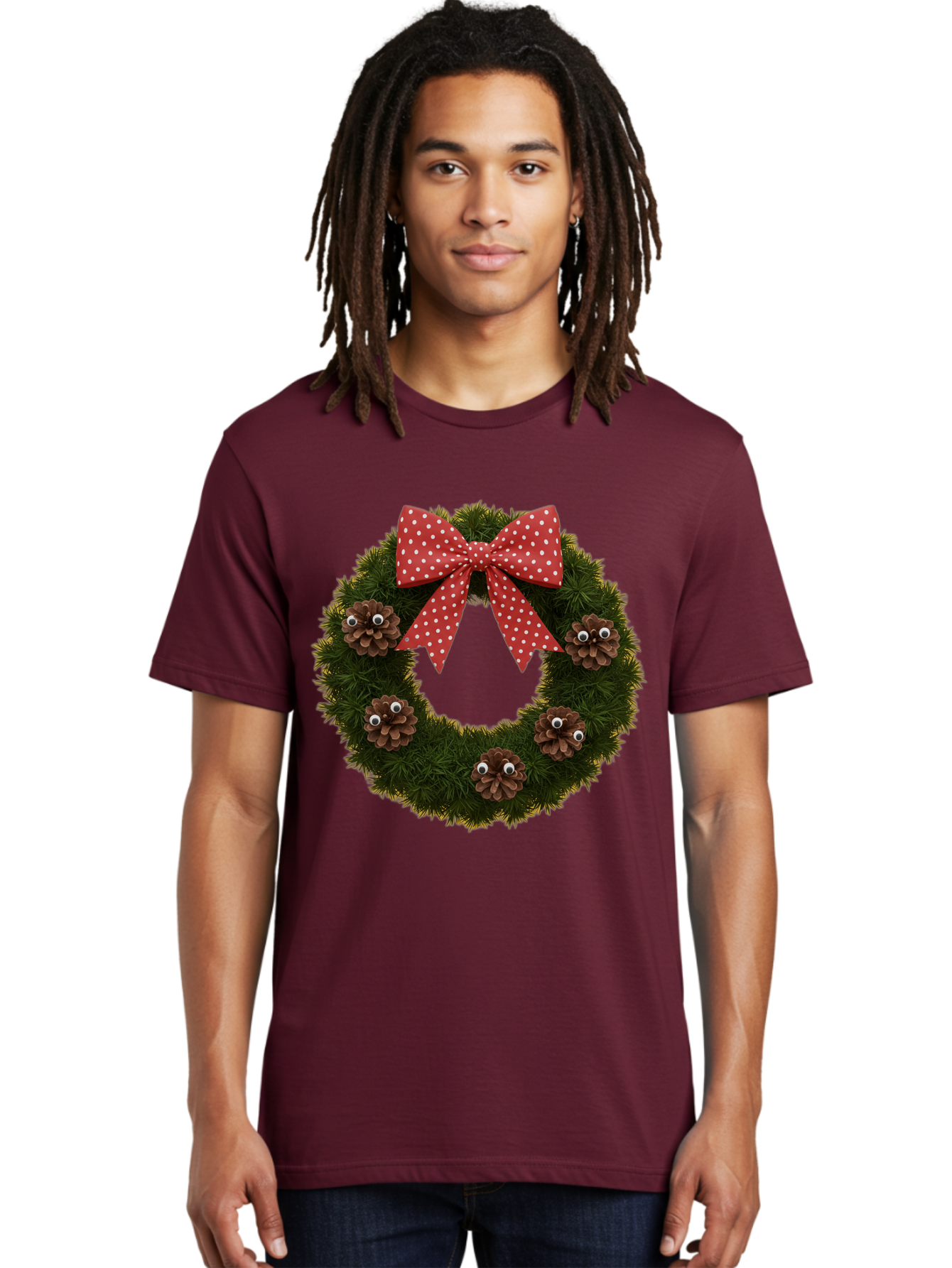 Pinecone-Wreath Men'S Graphic Tee, 100% Cotton, Comfortable Casual Summer Wear, Machine Washable, Christmas Wreath With Pinecones, Red Bow, White Polka Dots, Holiday Decoration, Festive Decor, Christmas Tree Branches, Bac246