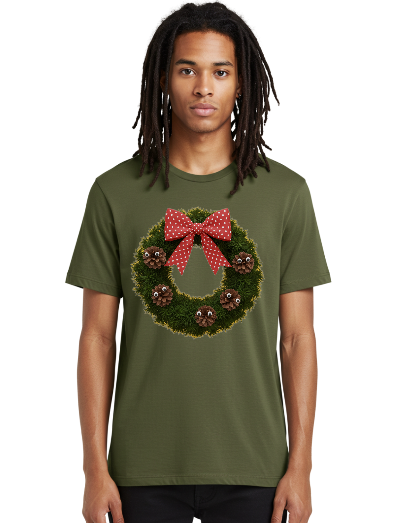 Pinecone-Wreath Men'S Graphic Tee, 100% Cotton, Comfortable Casual Summer Wear, Machine Washable, Christmas Wreath With Pinecones, Red Bow, White Polka Dots, Holiday Decoration, Festive Decor, Christmas Tree Branches, Bac246