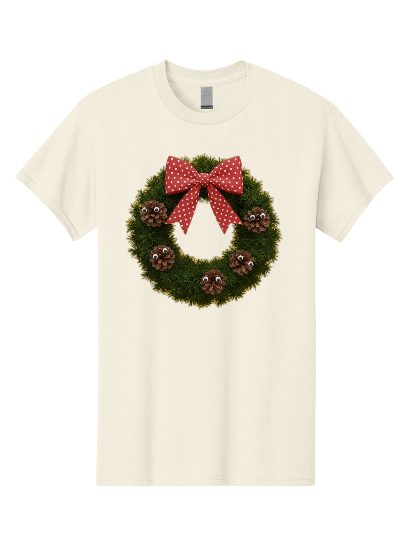 Pinecone-Wreath Men'S Graphic Tee, 100% Cotton, Comfortable Casual Summer Wear, Machine Washable, Christmas Wreath With Pinecones, Red Bow, White Polka Dots, Holiday Decoration, Festive Decor, Christmas Tree Branches, Bac246