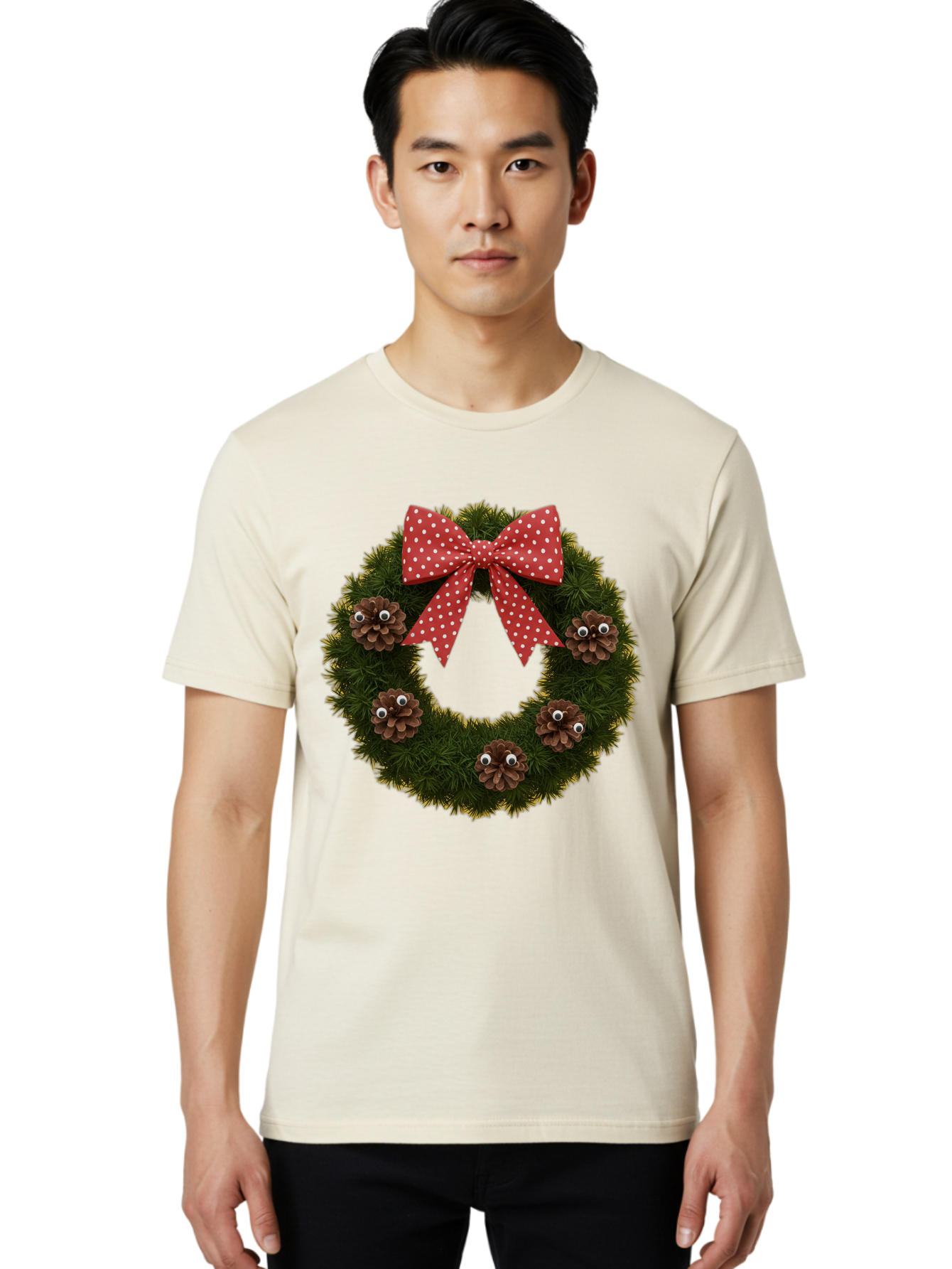Pinecone-Wreath Men'S Graphic Tee, 100% Cotton, Comfortable Casual Summer Wear, Machine Washable, Christmas Wreath With Pinecones, Red Bow, White Polka Dots, Holiday Decoration, Festive Decor, Christmas Tree Branches, Bac246