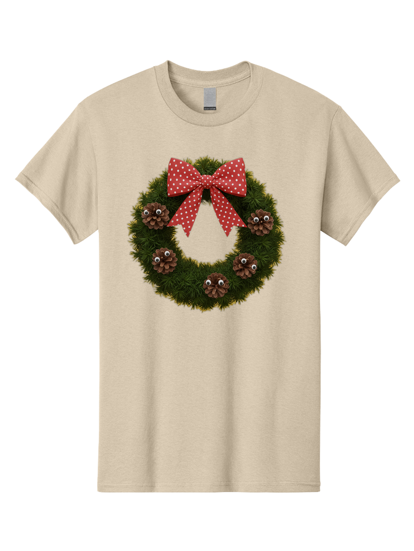 Pinecone-Wreath Men'S Graphic Tee, 100% Cotton, Comfortable Casual Summer Wear, Machine Washable, Christmas Wreath With Pinecones, Red Bow, White Polka Dots, Holiday Decoration, Festive Decor, Christmas Tree Branches, Bac246